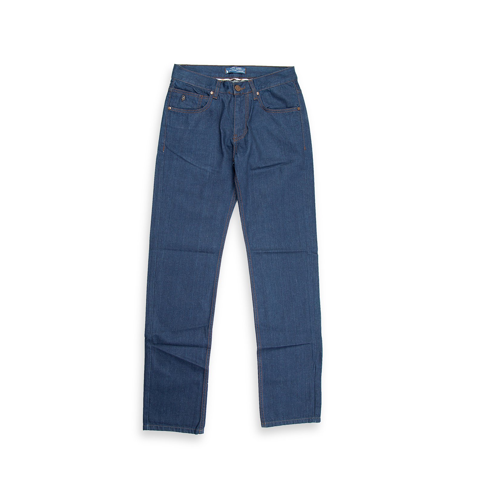 A traditional and sturdy pair of men's jeans in a consistent mid-blue wash.