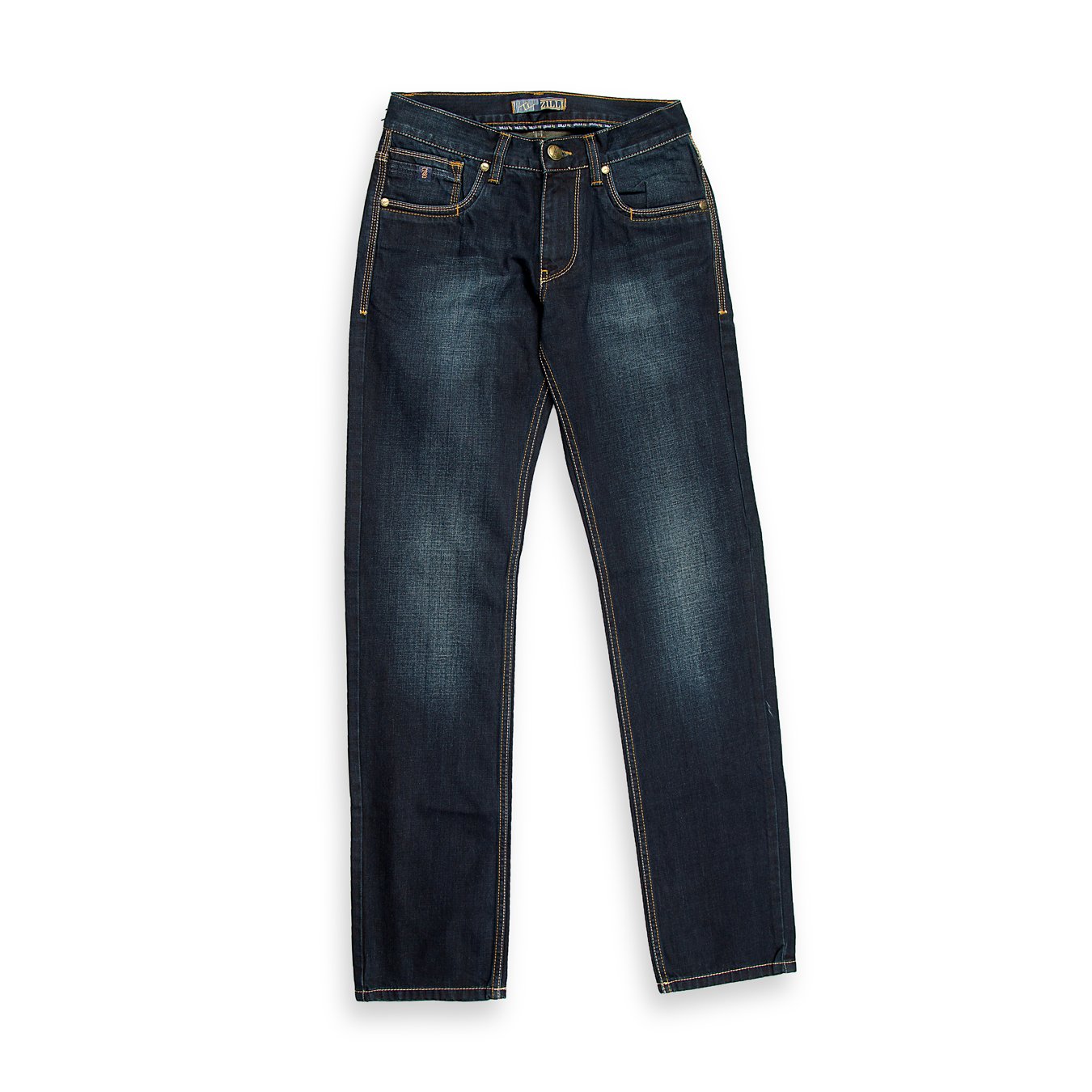 A sturdy and rugged pair of men's jeans in a dark-to-medium blue wash with noticeable vintage-style fading on the thighs and seat, giving them a lived-in, authentic look.