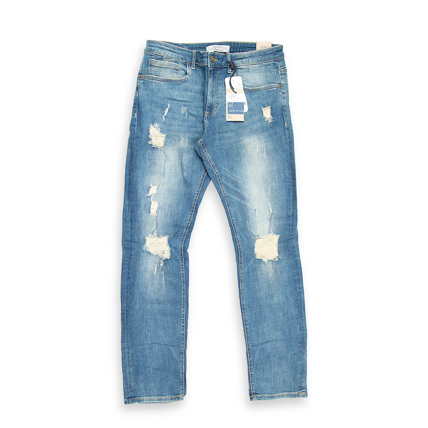 A high-fashion, streetwear-ready pair of men's jeans featuring a bright, vintage light-blue wash.