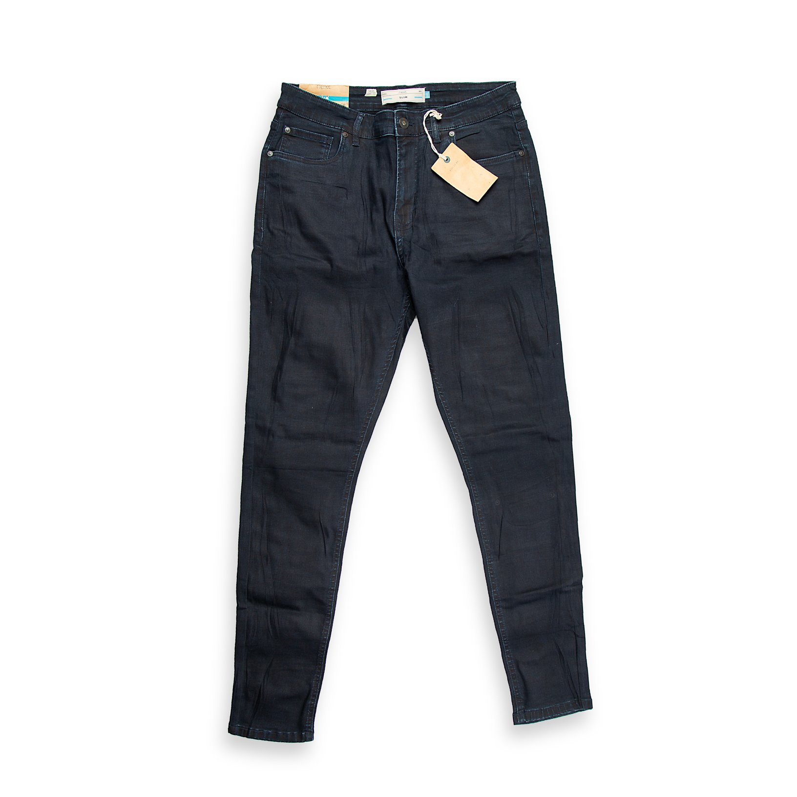 This is a modern pair of Men's Skinny-Fit Jeans featuring a very deep, uniform dark-wash with minimal fading.