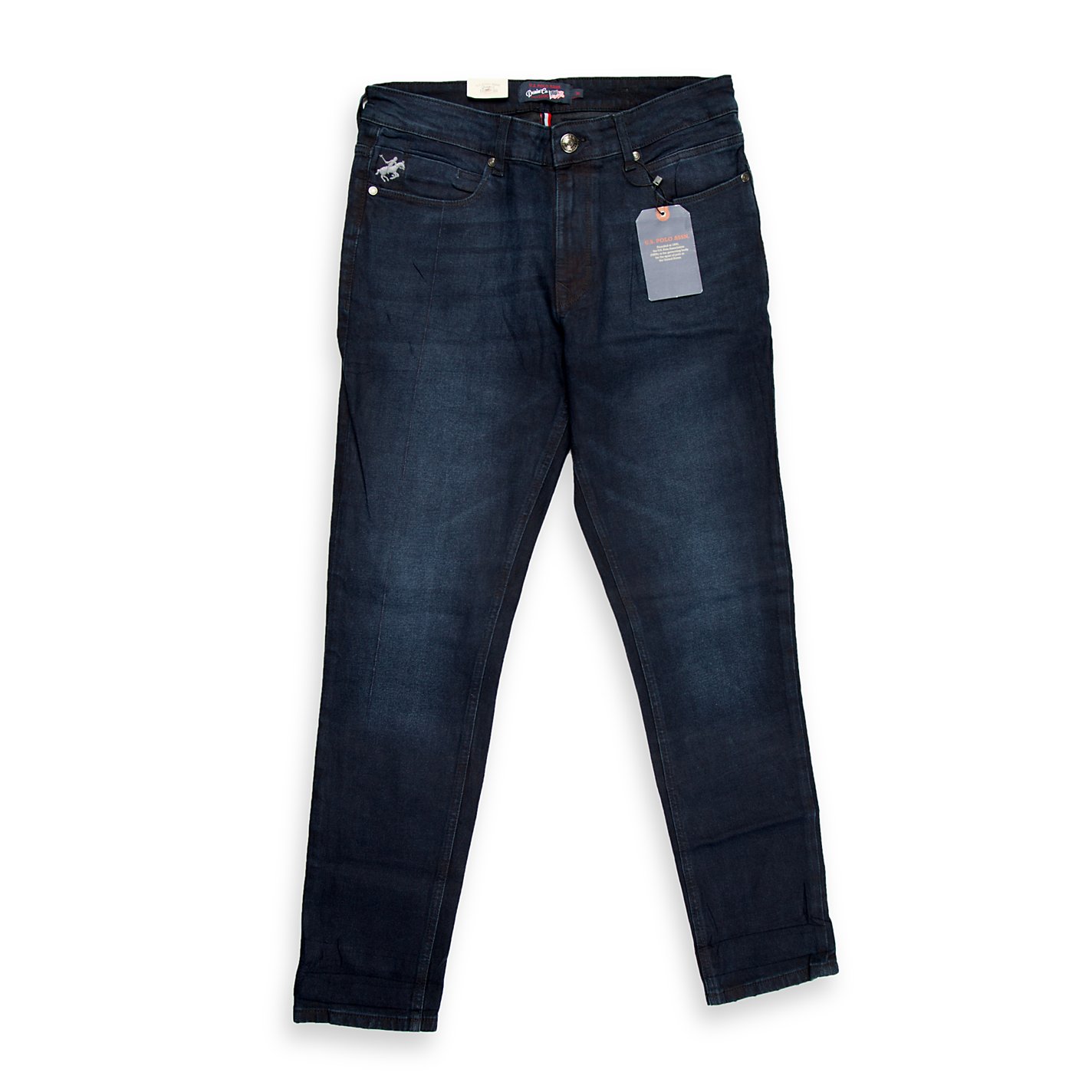 These are a timeless pair of Classic Straight-Fit Denim Jeans in a rich, dark wash.