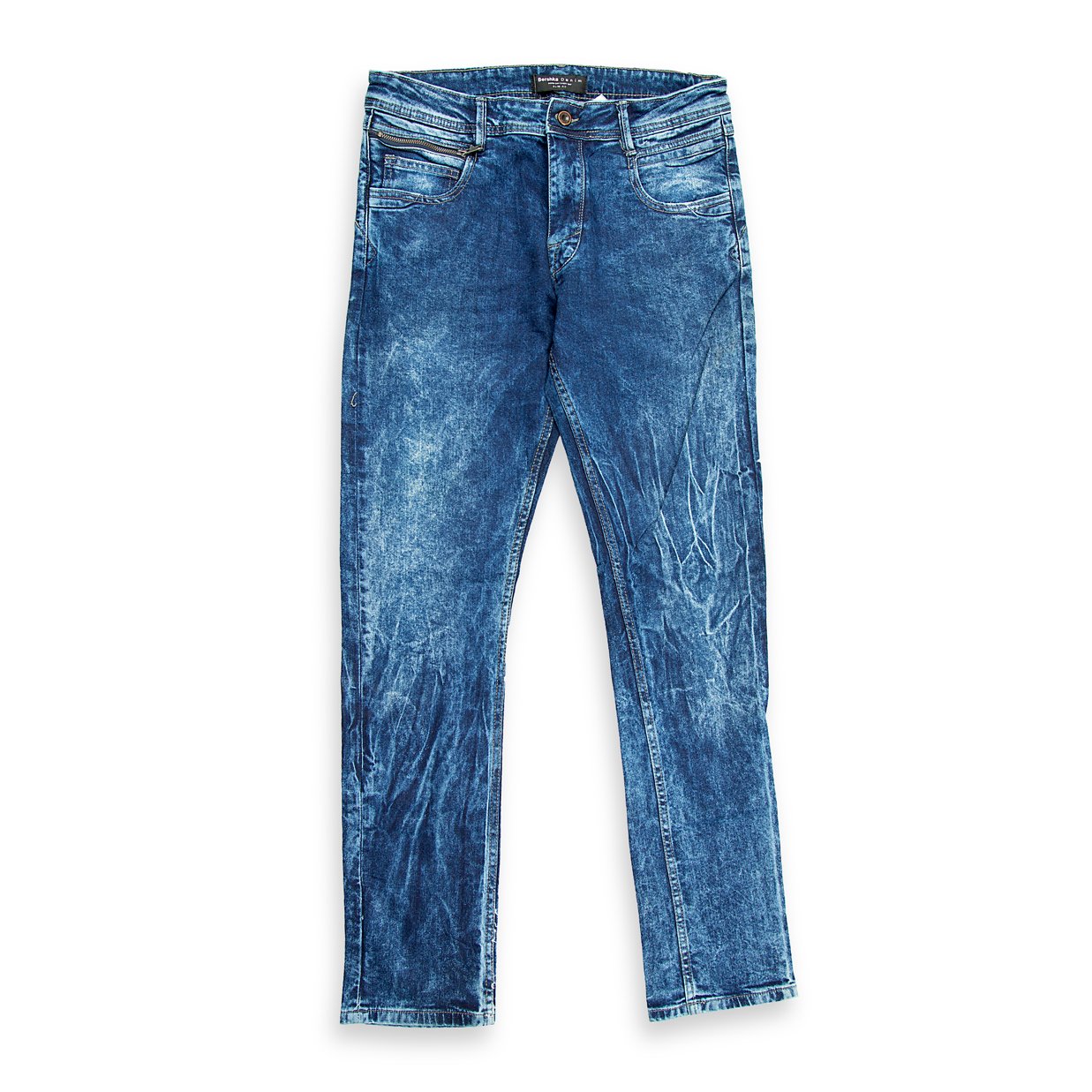 These are a stylish pair of Men's Slim-Fit Denim Jeans featuring a distinctive acid-wash finish.