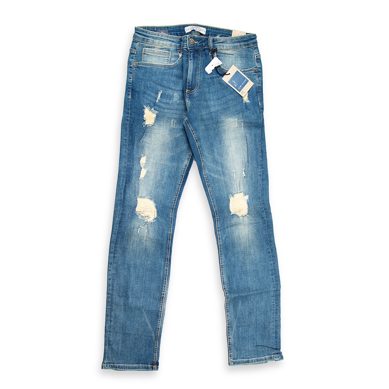 These are contemporary slim-fit jeans featuring a mid-rise waist and a tapered leg for a modern silhouette.