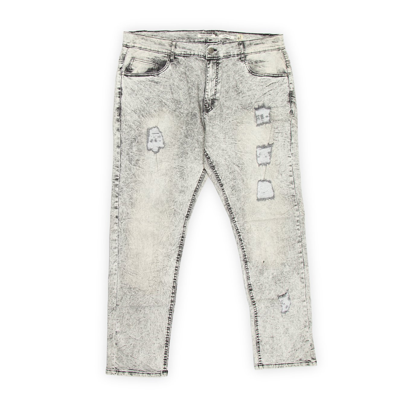 They showcase a striking heavy grey acid wash finish that creates a bleached, marbled effect across the fabric.