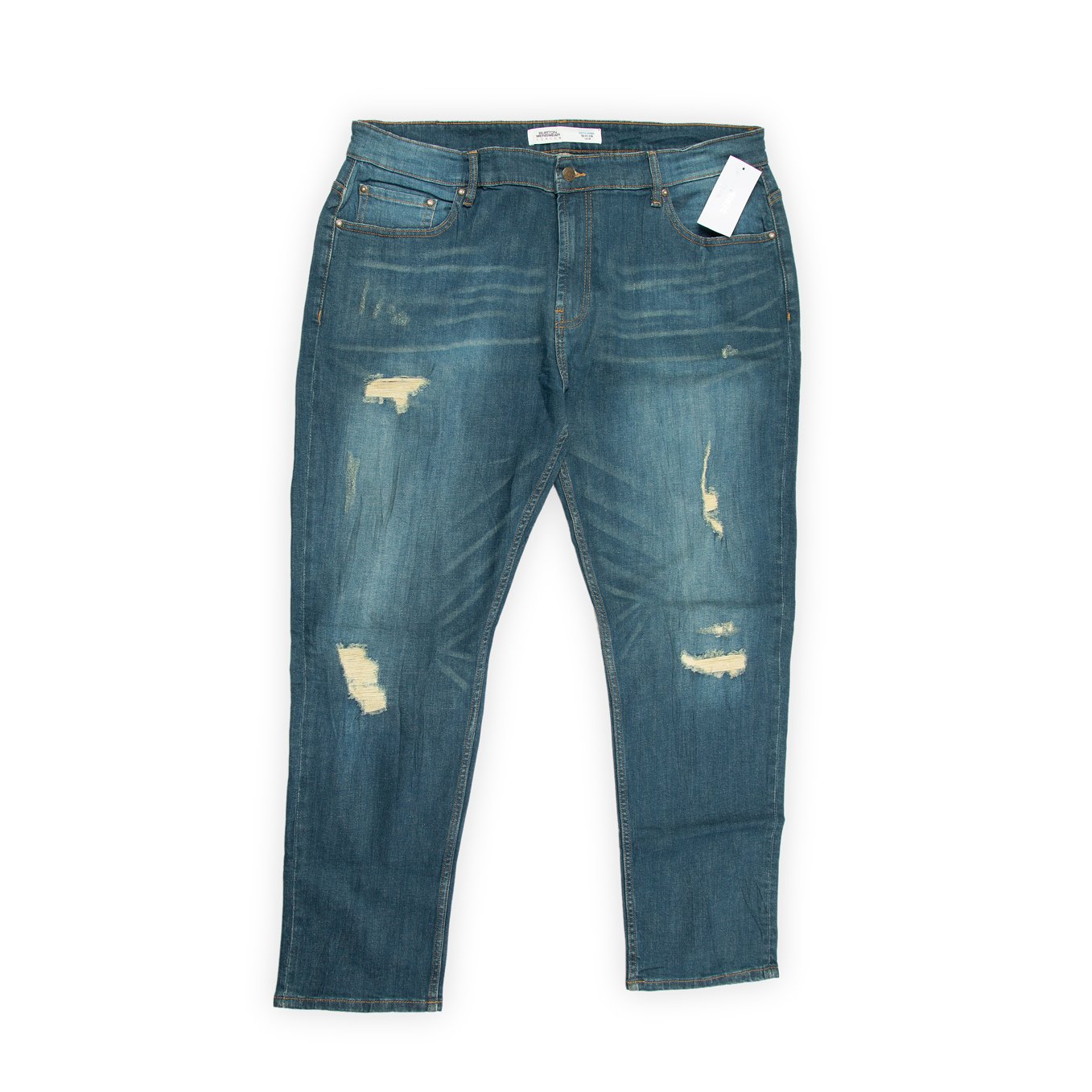 They feature a rich medium blue wash with natural fading and subtle whiskering, giving them an authentic, worn-in appearance.