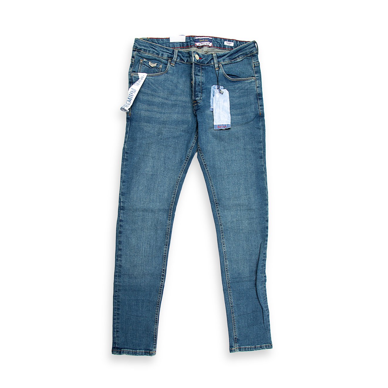 An essential pair of five-pocket jeans featuring a timeless, medium blue wash with minimal fading for a clean, versatile look.