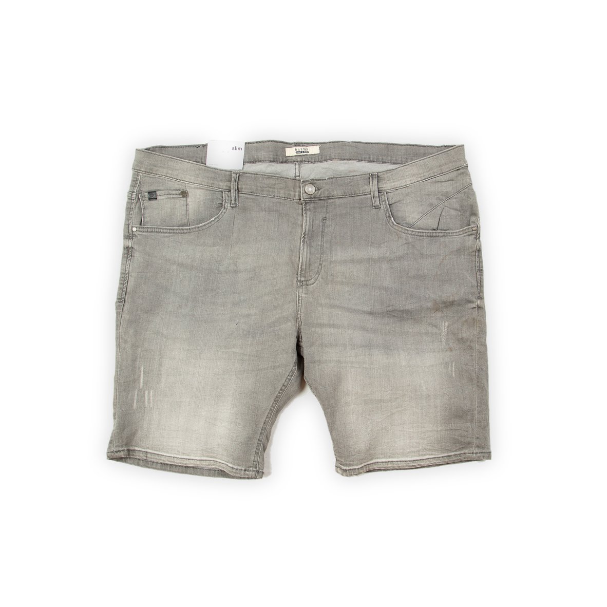 These are on-trend, slim-fit denim shorts with a contemporary washed grey or charcoal color, achieved through an industrial rinse process.