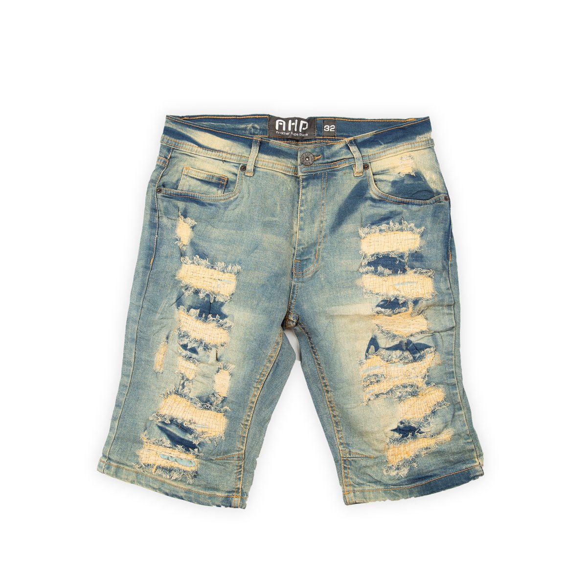 These bold, rugged shorts are designed to make a statement with their heavily destroyed aesthetic. They feature a light, vintage blue wash with significant fading and whiskering.