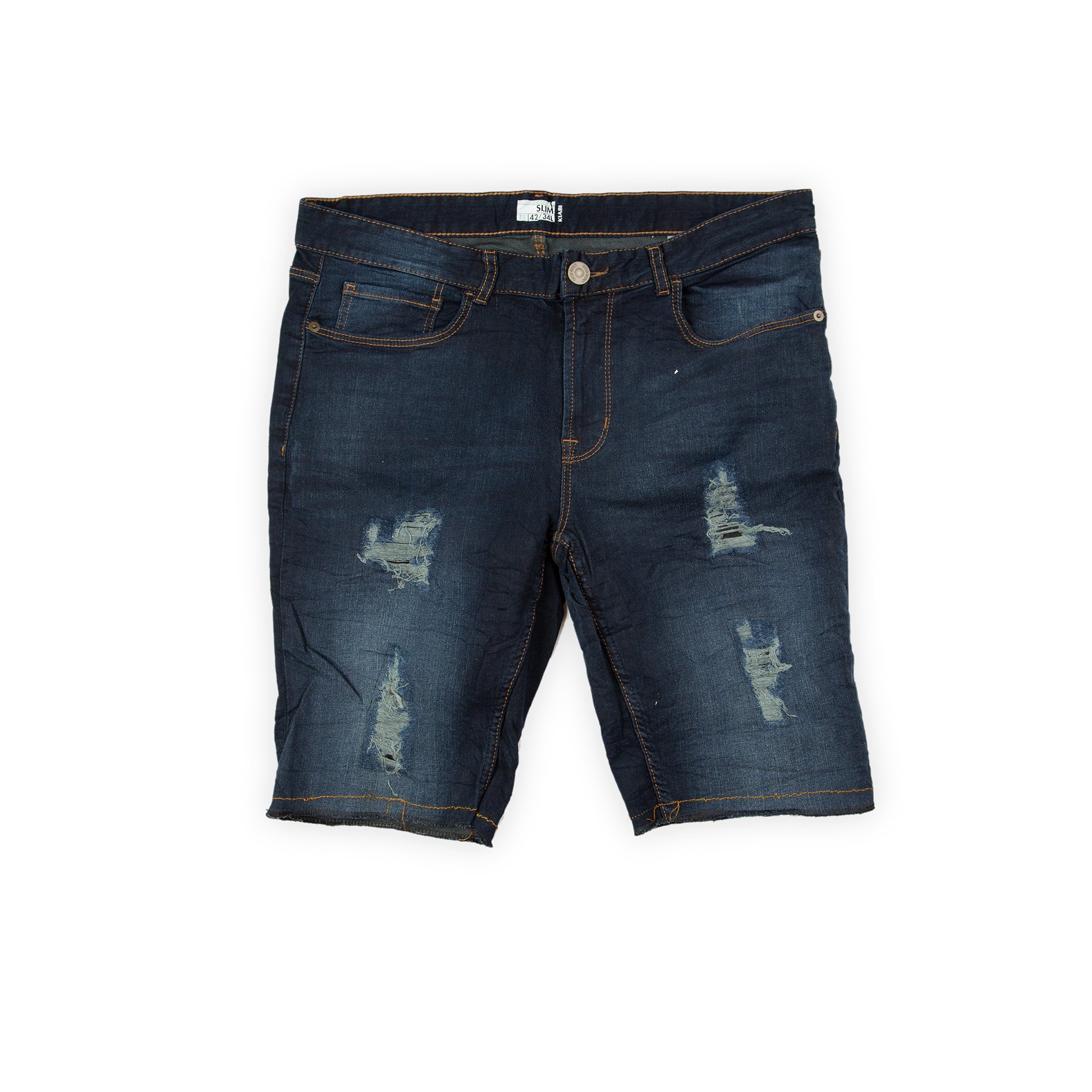 These shorts are a comfortable and rugged choice for warm weather. They feature a deep, dark indigo blue wash with moderate fading and whiskering concentrated on the thighs.