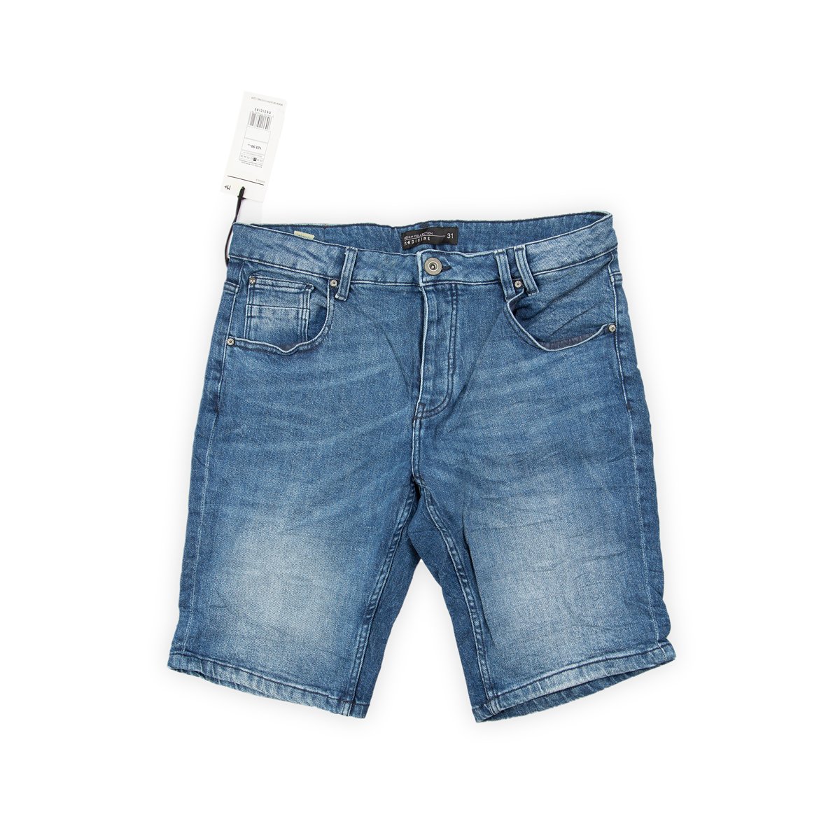 These are comfortable, classic-fit Bermuda shorts made from a durable denim fabric. The color is a versatile mid-wash blue, featuring moderate fading and subtle whiskering across the front, giving them a slightly broken-in look.
