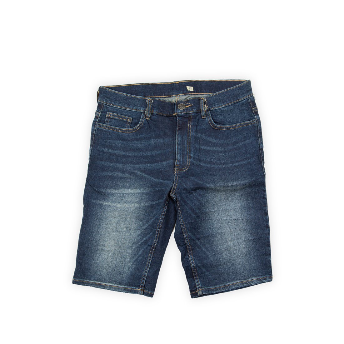 These traditional denim shorts are a reliable staple for everyday casual wear. They feature a dark-to-medium indigo wash with moderate fading and whiskering across the thigh, giving them a subtly worn-in look.