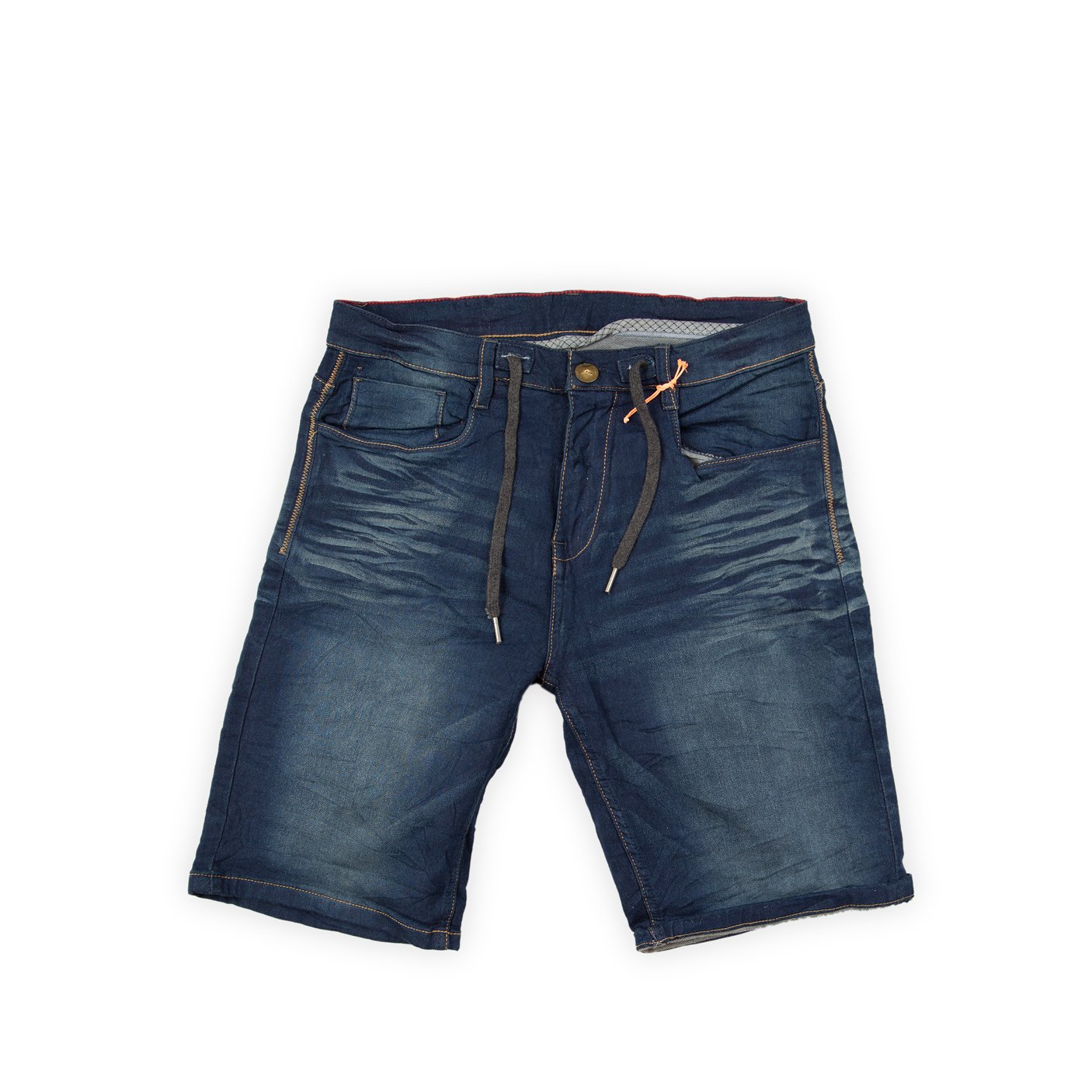 These comfortable and casual shorts blend the look of denim with the ease of athleisure. They feature a dark indigo blue wash with moderate fading and distinct wrinkling or crinkle effects across the front thighs.