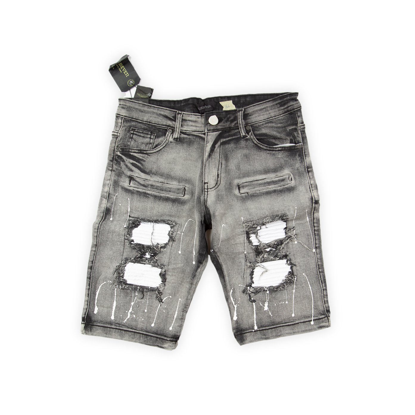 These shorts offer a distinct, edgy style with a contemporary urban feel. They feature a washed black or dark grey denim base with strategic fading.