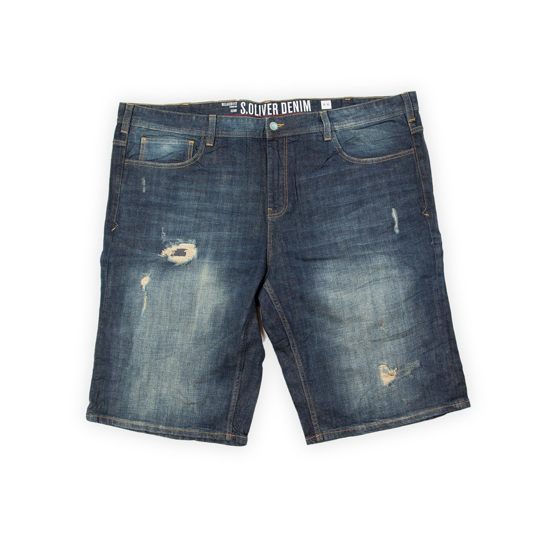 These are stylish, knee-length Bermuda shorts from the S.Oliver Denim line. They feature a dark-wash blue denim with heavy whiskering on the thighs and a subtle overall fading effect, creating a broken-in look.