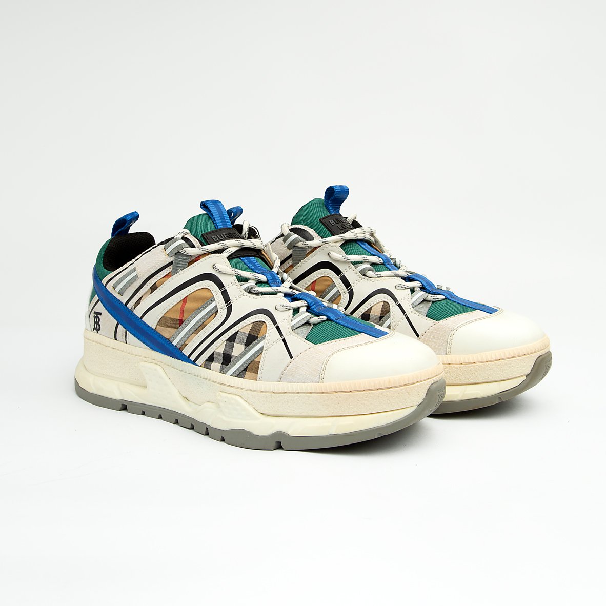 Burberry Arthur Vintage Check Mesh and Leather Sneakers in Beige, Blue, and Green with chunky rubber soles.