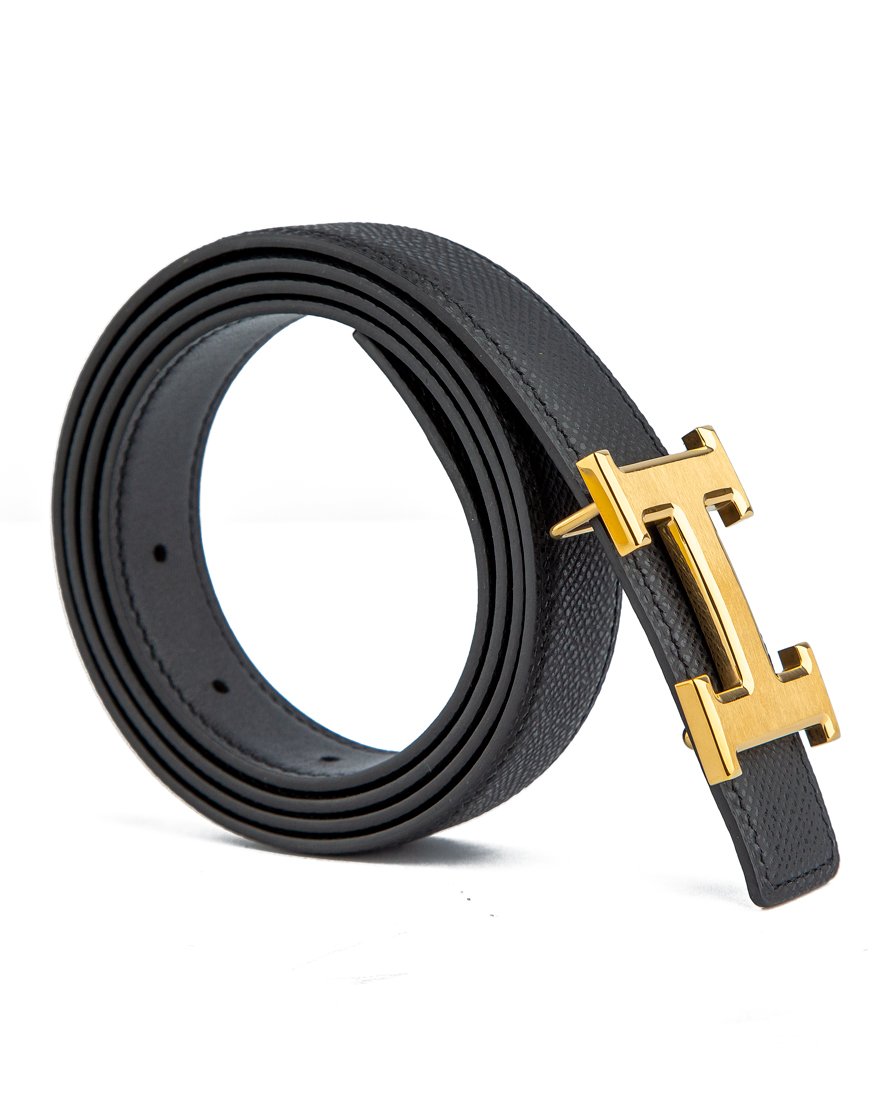 Black leather unisex belt with gold H buckle.