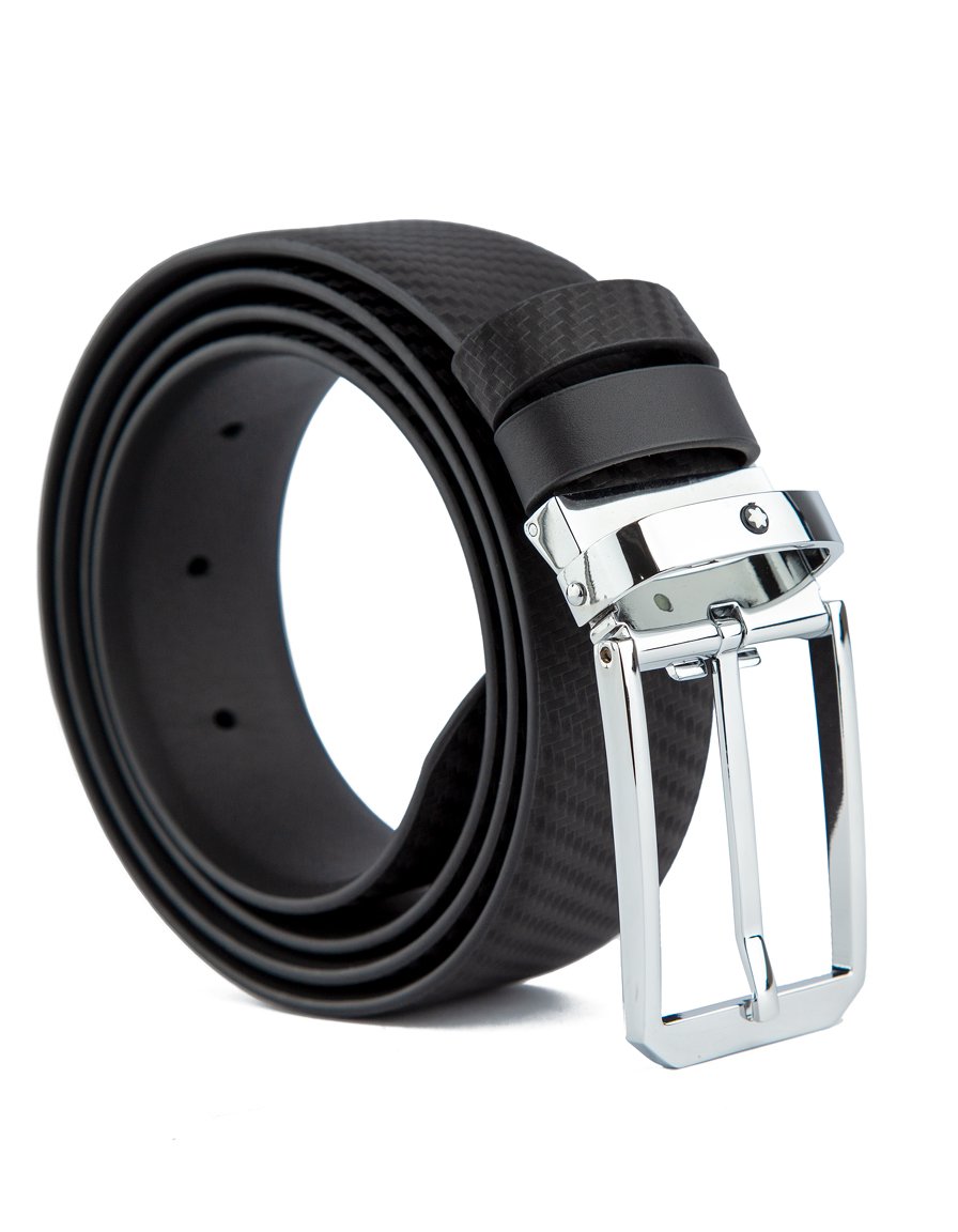 Black Carbon Fiber Leather Belt with Silver Buckle – Unisex