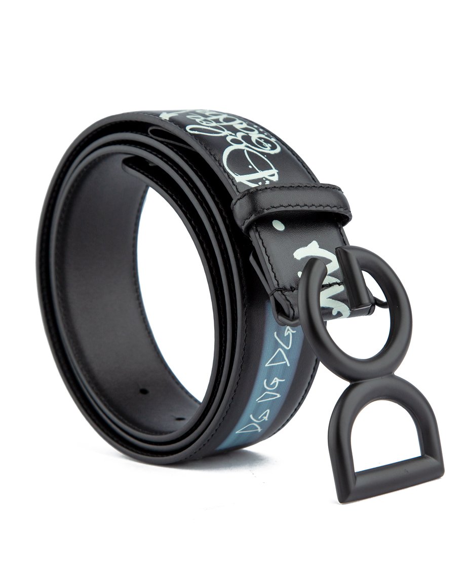 Black Leather Belt with Graffiti & Matte Black Circular Buckle