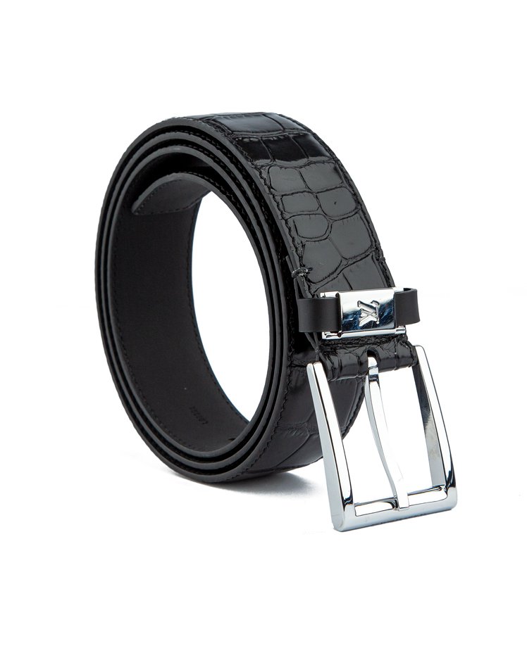 Black Croc-Embossed Leather Belt with Silver Buckle - Unisex