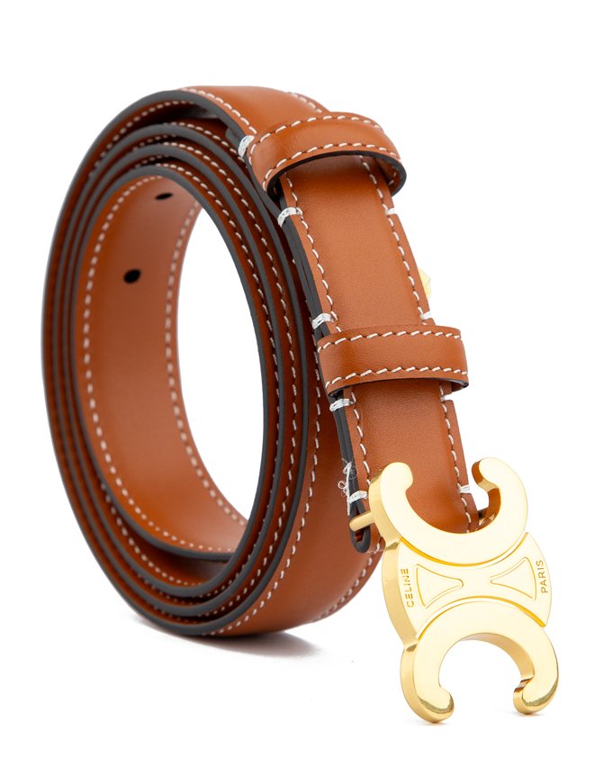 Luxury Brown Leather Belt with Gold Crescent Buckle – Unisex