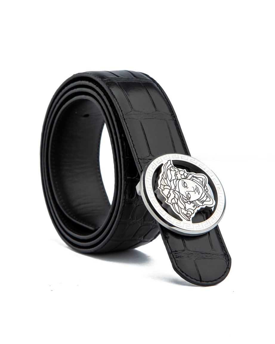 Luxury Black Croc-Embossed Leather Belt with Medusa Buckle