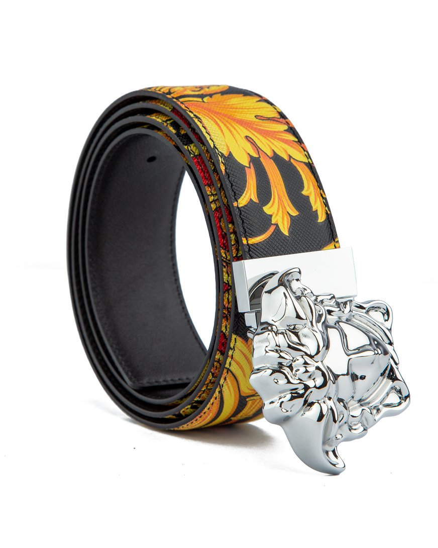 Versace Medusa Baroque Print Reversible Leather Belt, black leather reversing to gold/black/red baroque print, featuring Medusa head buckle.