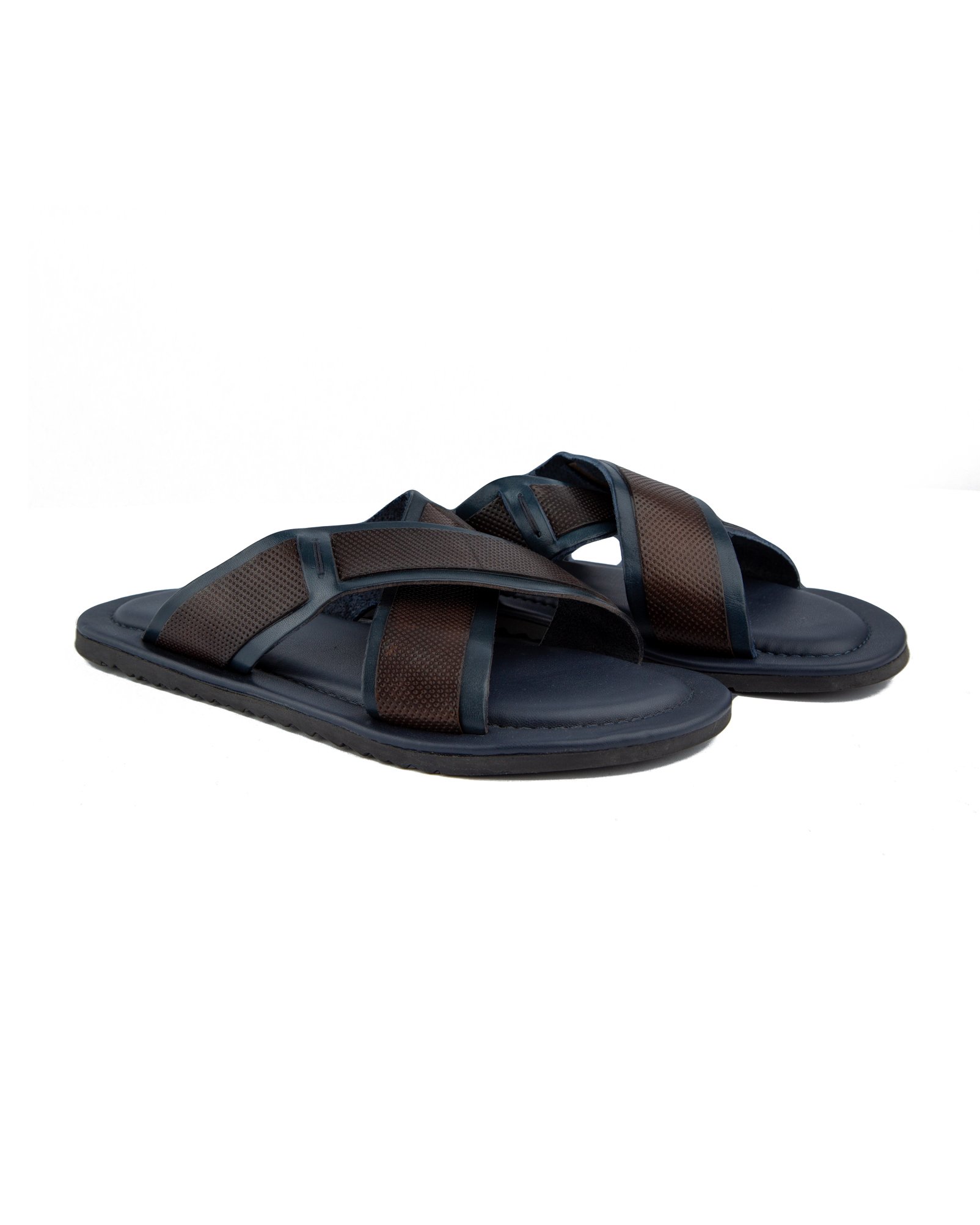 Men's navy blue leather cross strap sandals with dark brown accents.