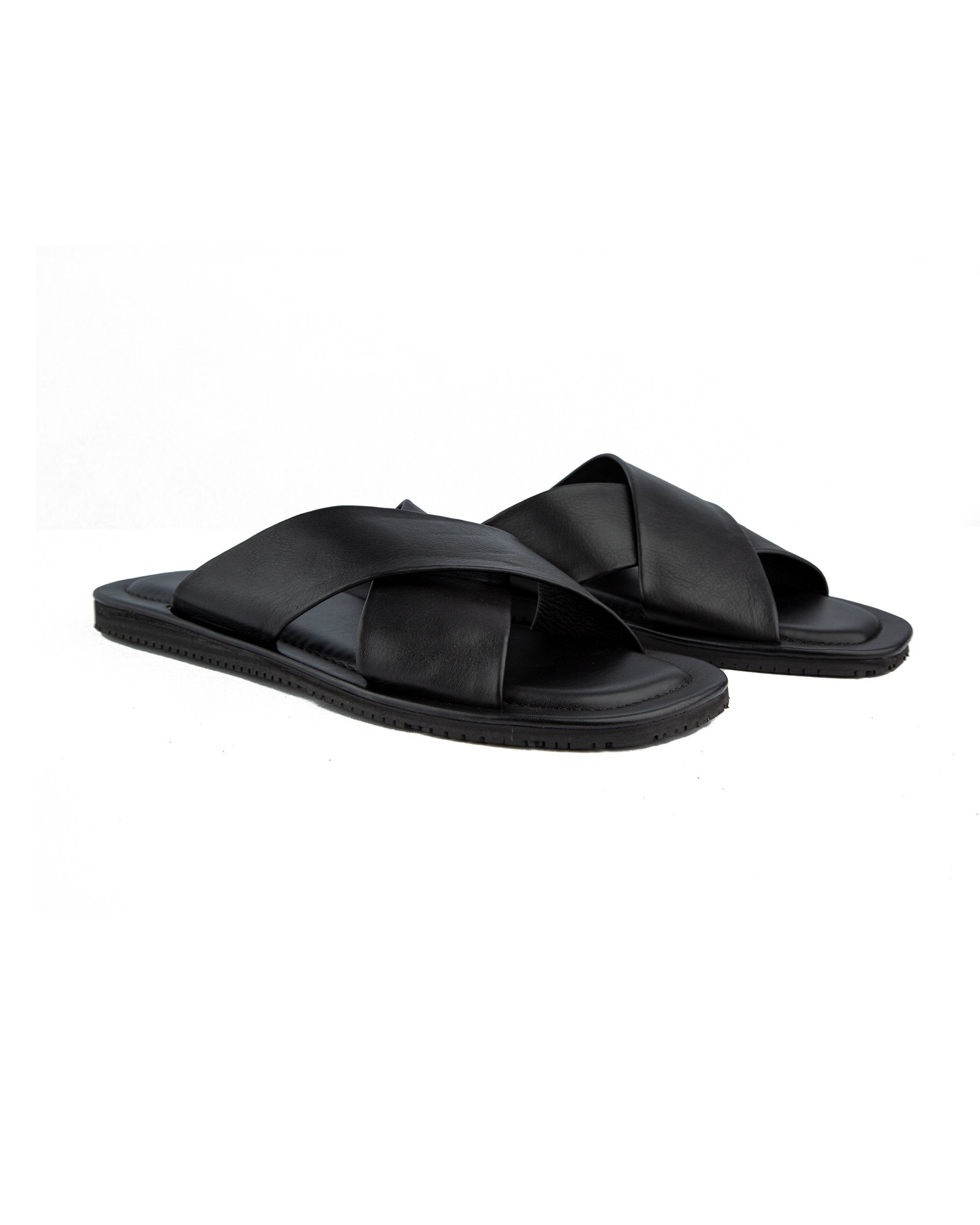 Men's black leather cross strap sandals.