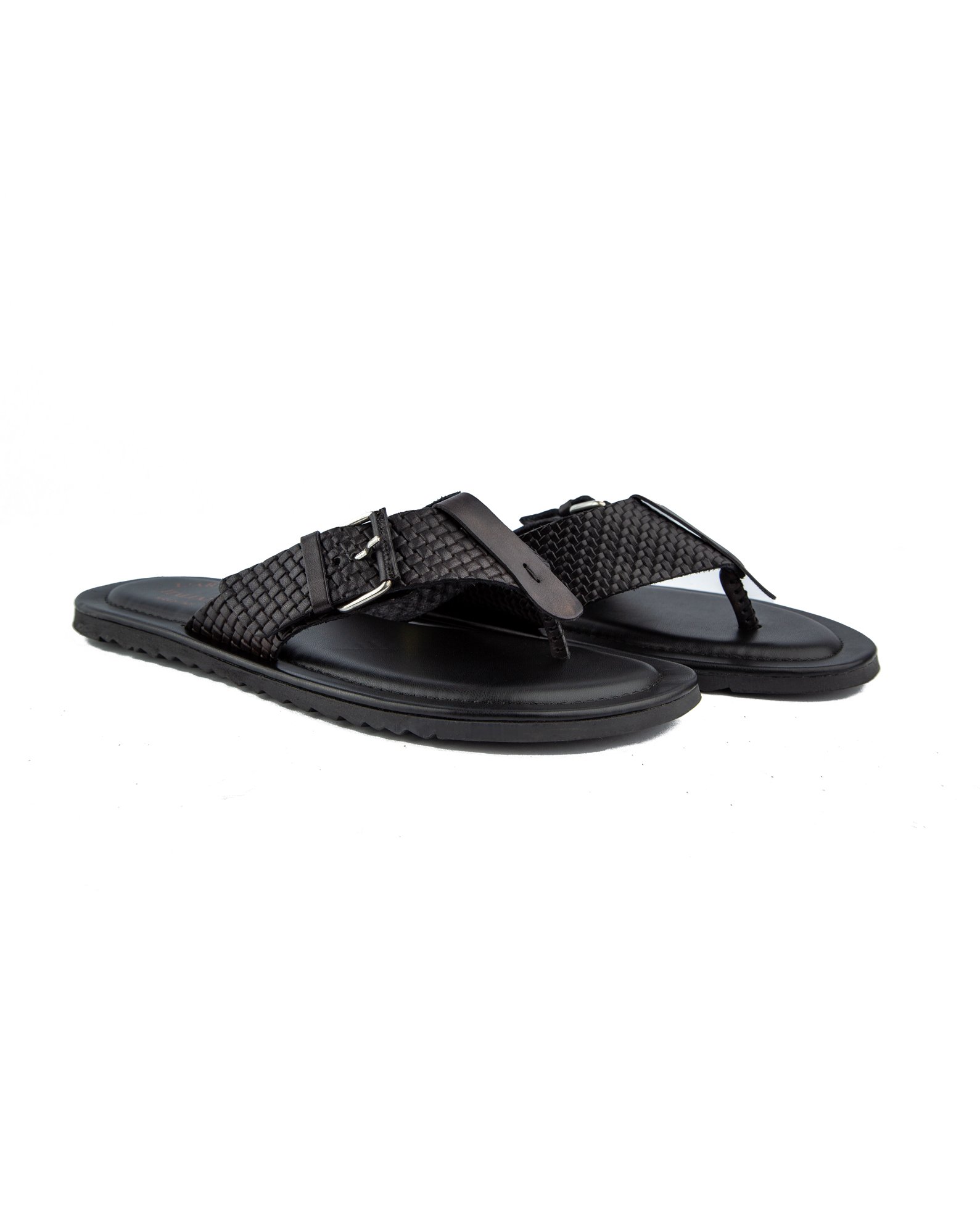 Men's Artigiano Italian black leather thong sandals with buckle detail.