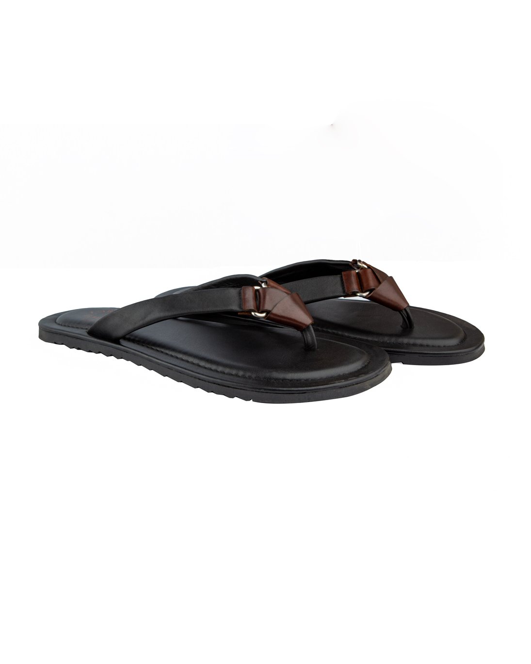 Artigiano Italian black leather thong sandals with brown contrast.