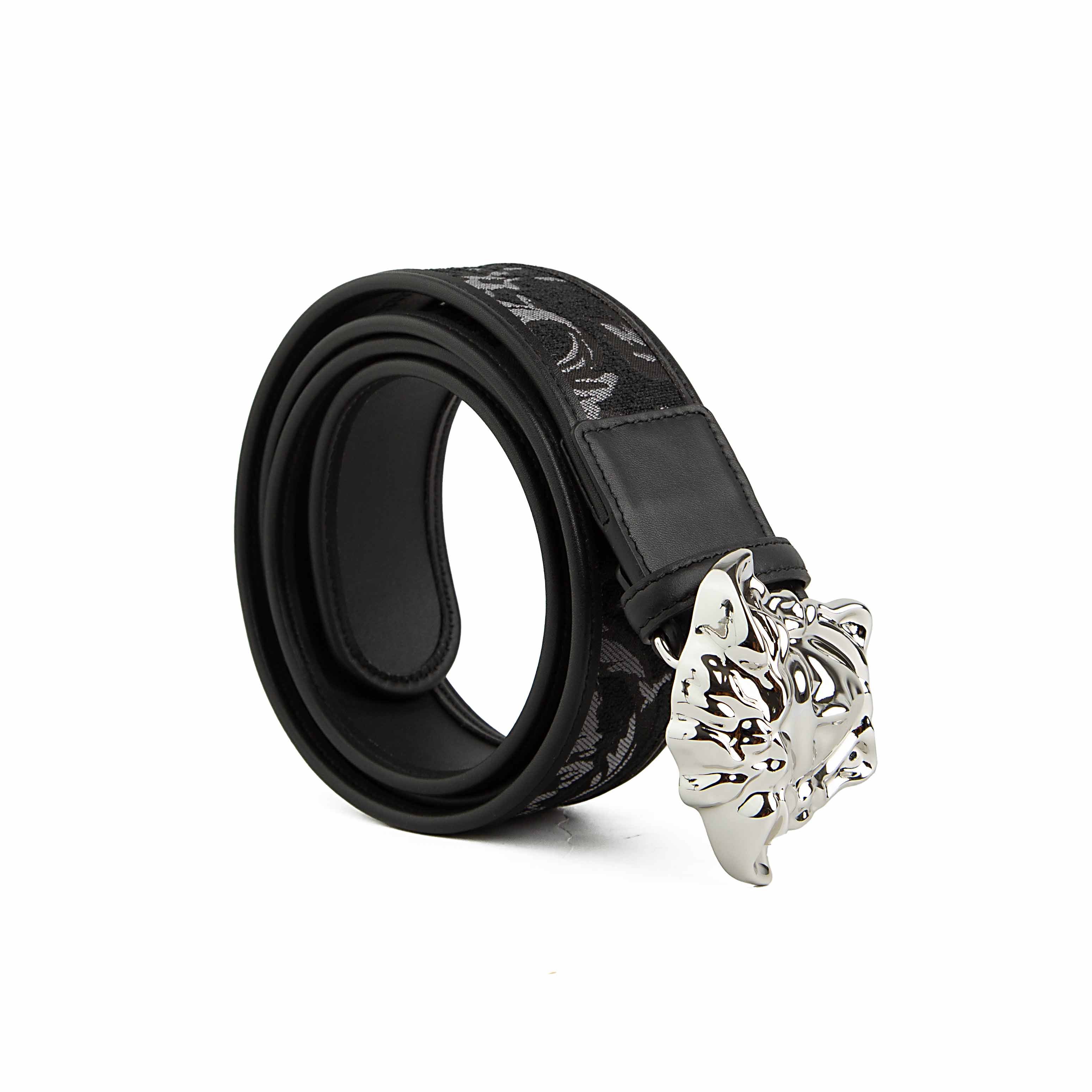 This is a bold, high-fashion Black Leather Belt featuring a vibrant, contemporary interpretation of the classical Greca (Greek Key) motif.