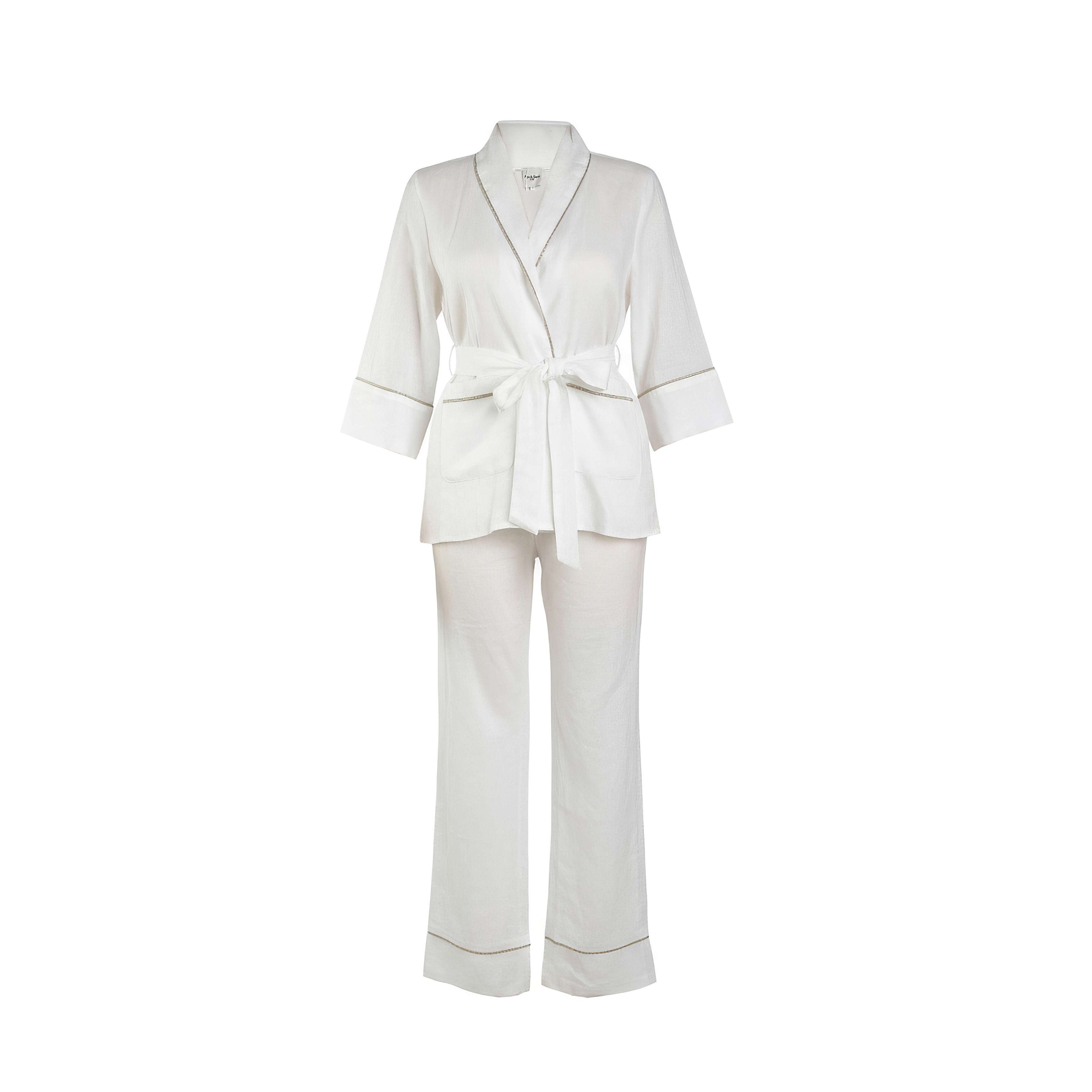 White Linen Wrap Jacket & Trouser Set | Agu & Sons Ltd