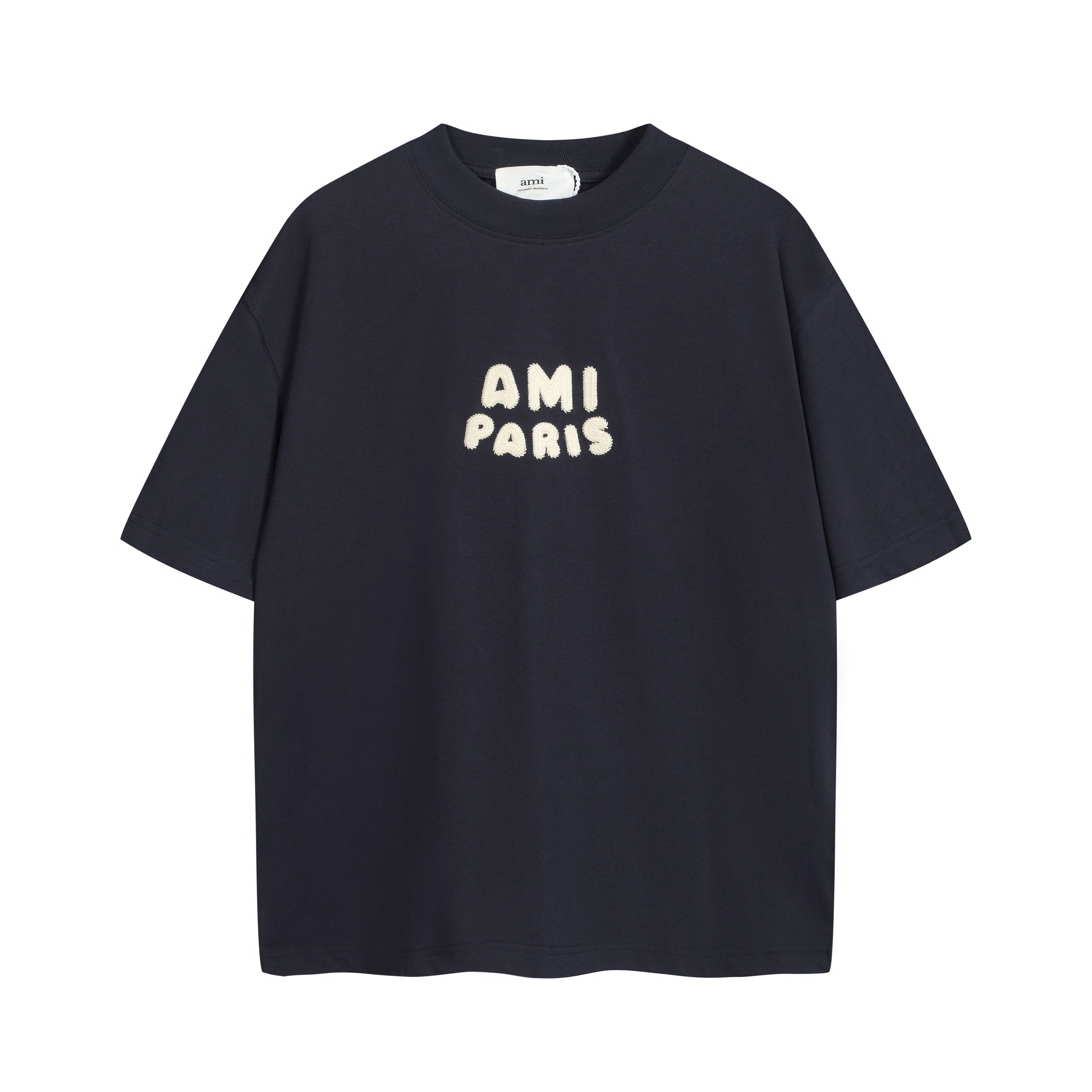 AMI Paris Navy Terry Logo T-Shirt - Unisex Boxy Fit Cotton
