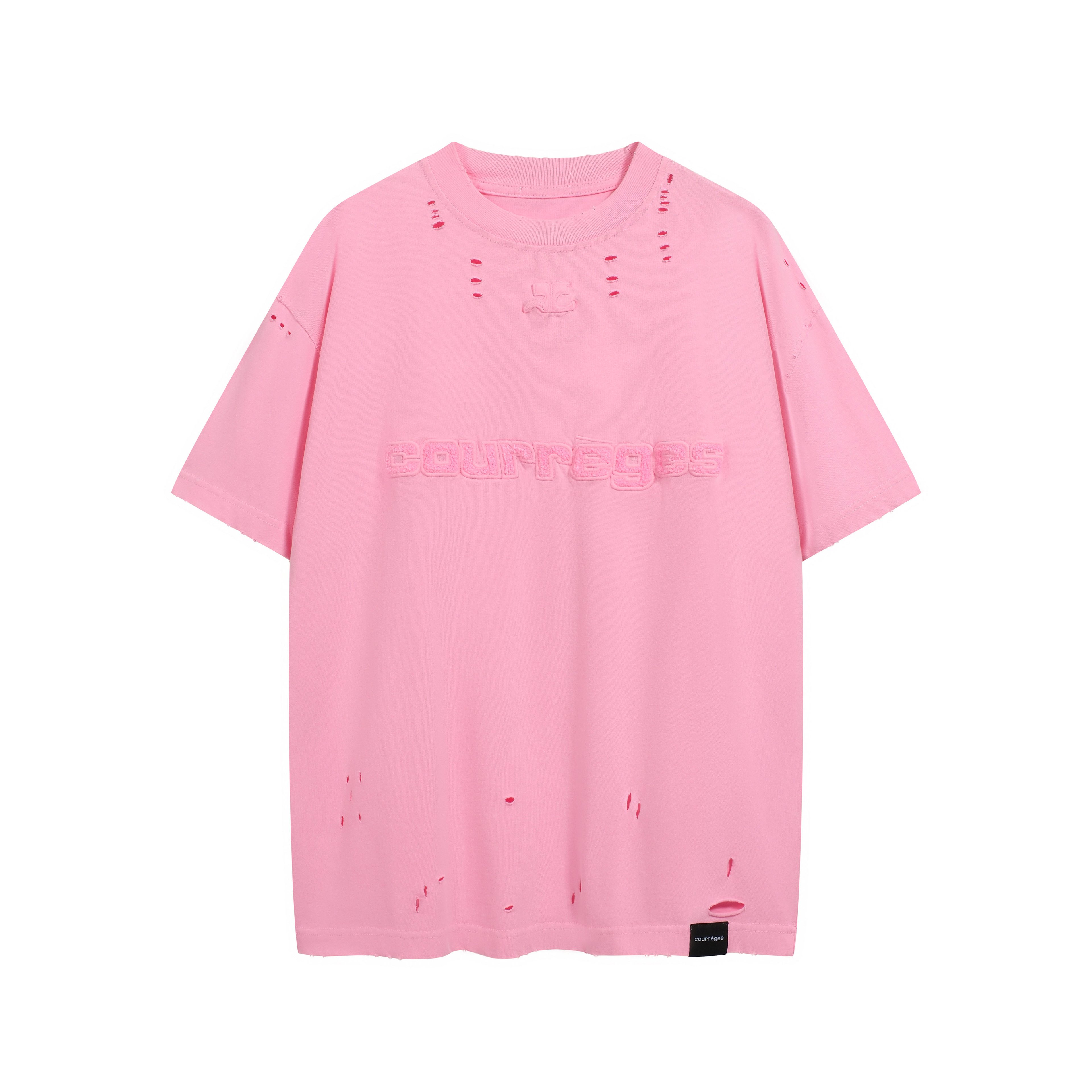 Courrèges Unisex Hot Pink Distressed T-Shirt - Embossed Logo