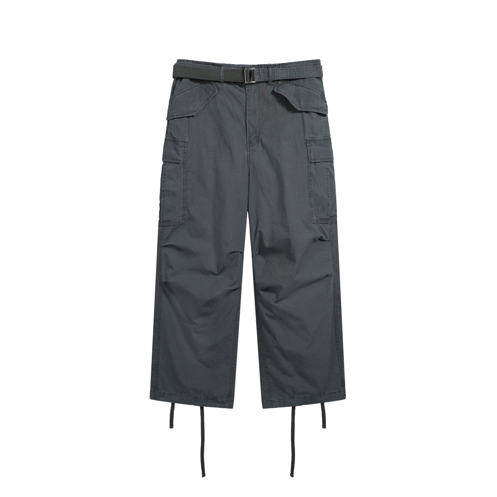3D Wide-Leg Grey Military Cargo Trousers with Belt