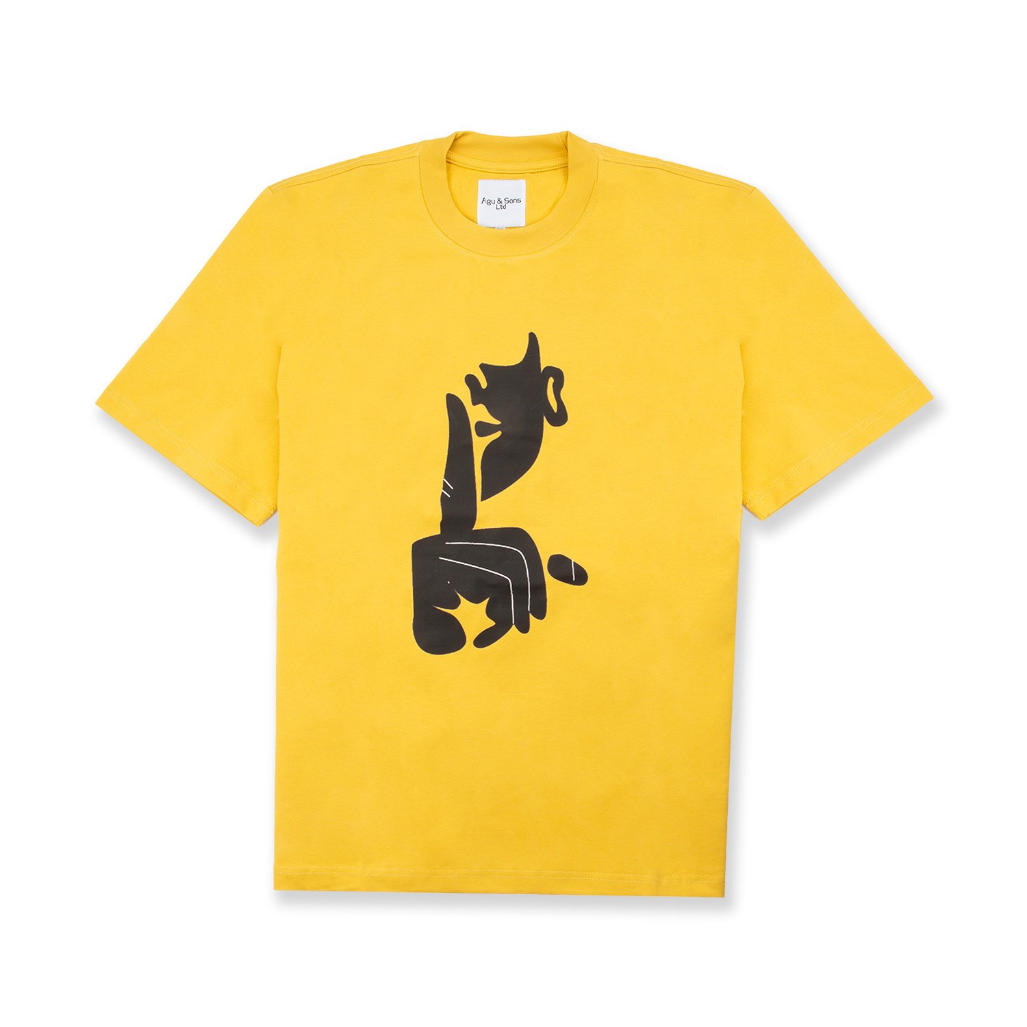 Yellow t-shirt with black shushing hand graphic. Silence gesture tee.