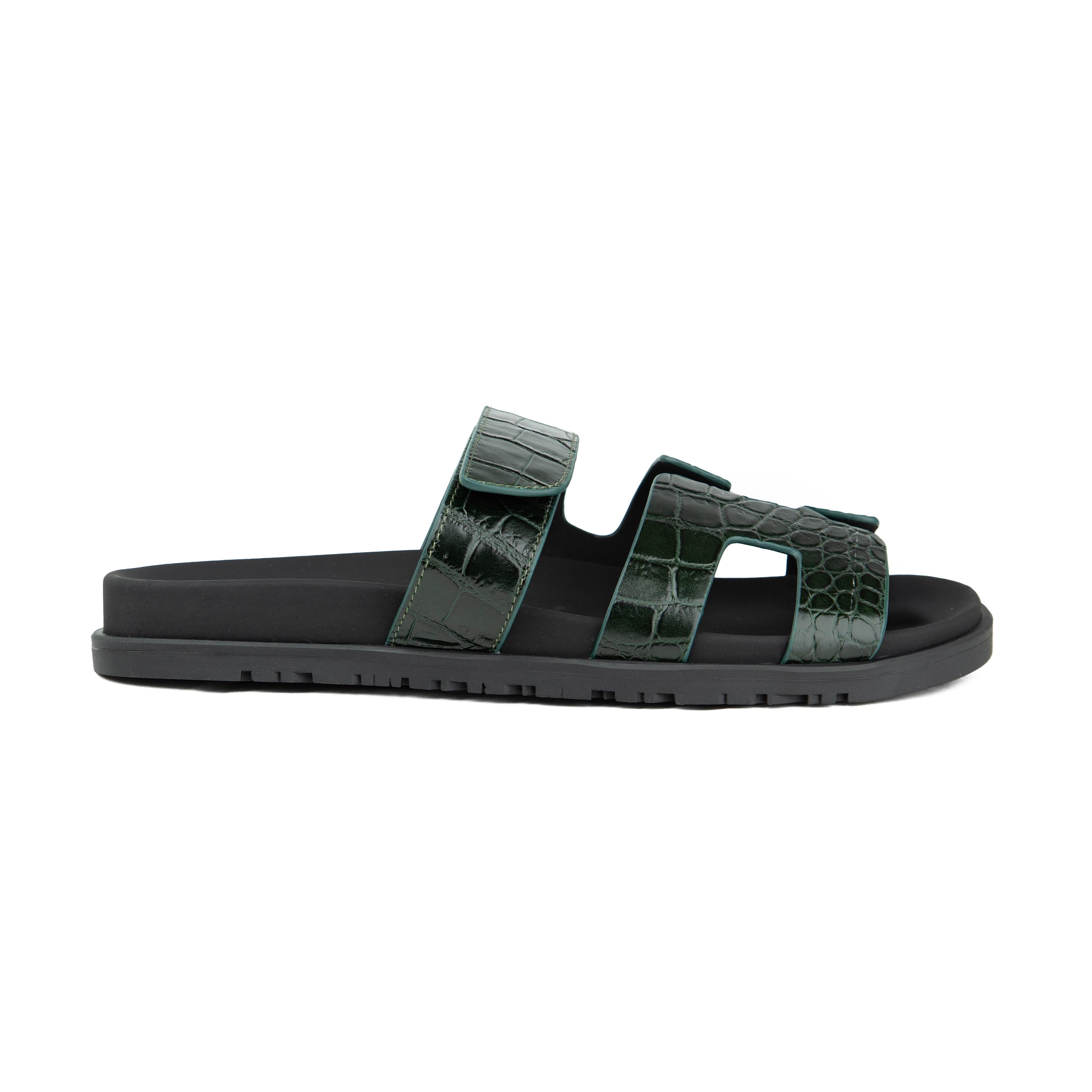 Hermès Chypre Sandals in Forest Green Crocodile Leather