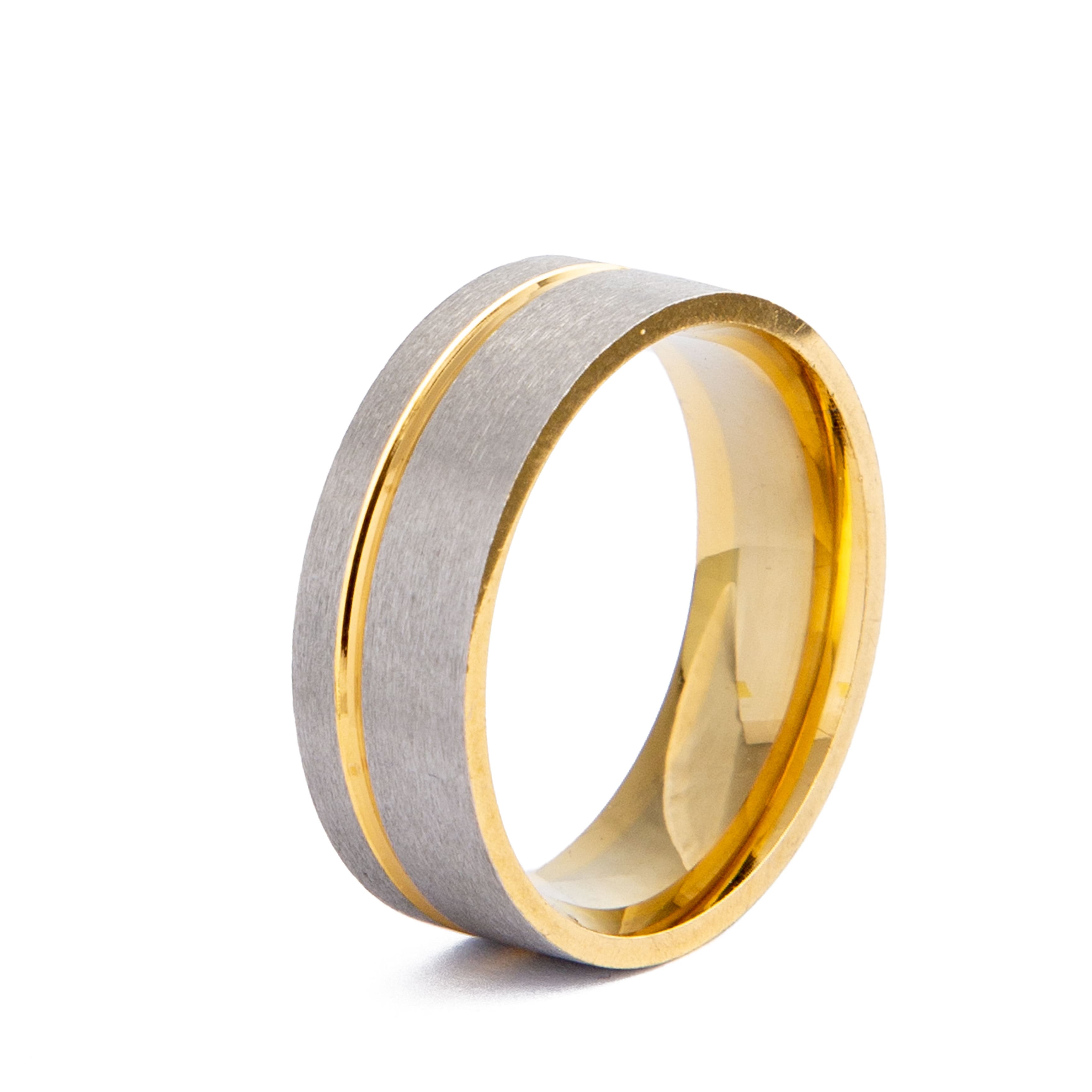Brushed Tungsten Carbide and Gold Wedding Ring, flat profile, two-tone design.