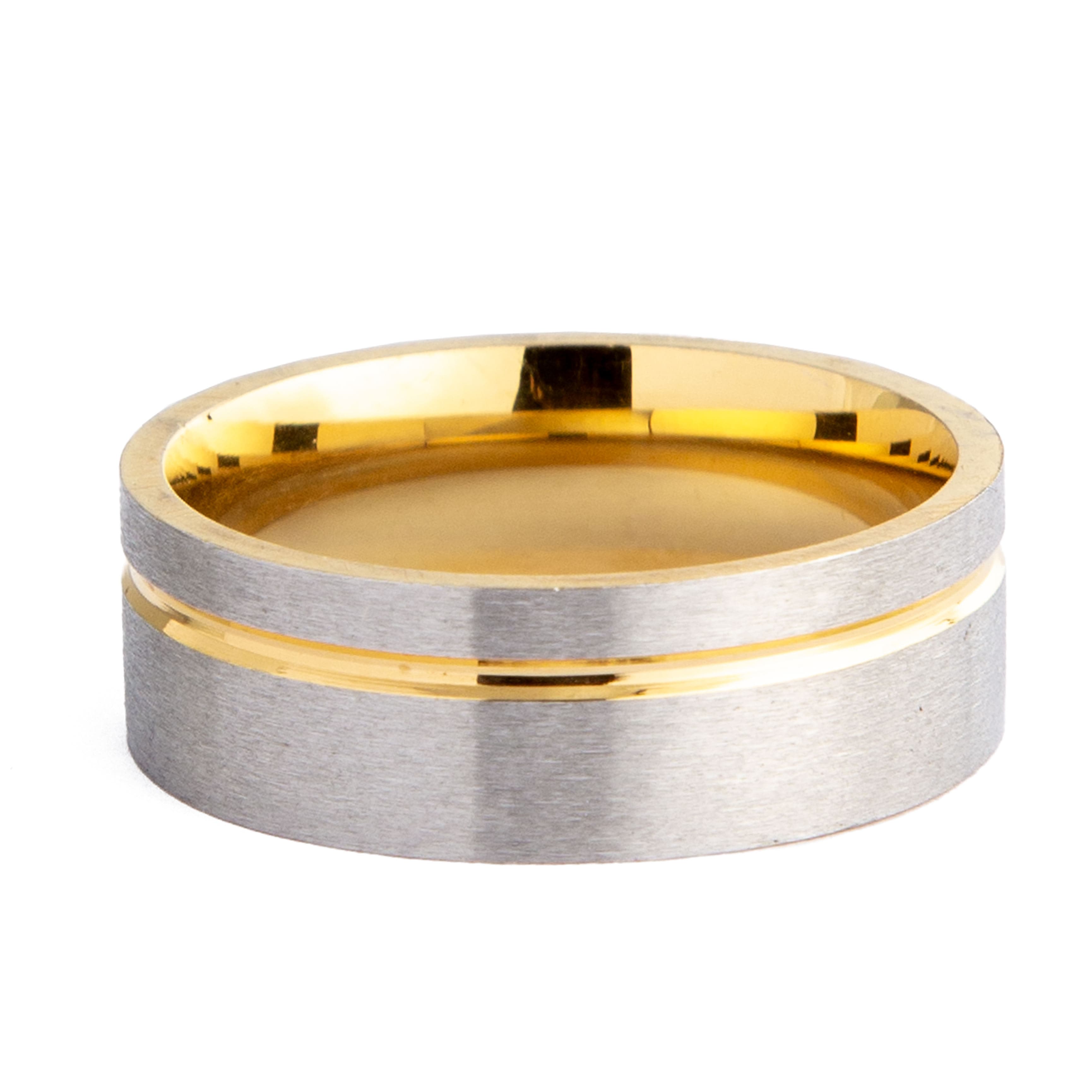 Brushed Tungsten Carbide and Gold Wedding Ring, flat profile, two-tone design.
