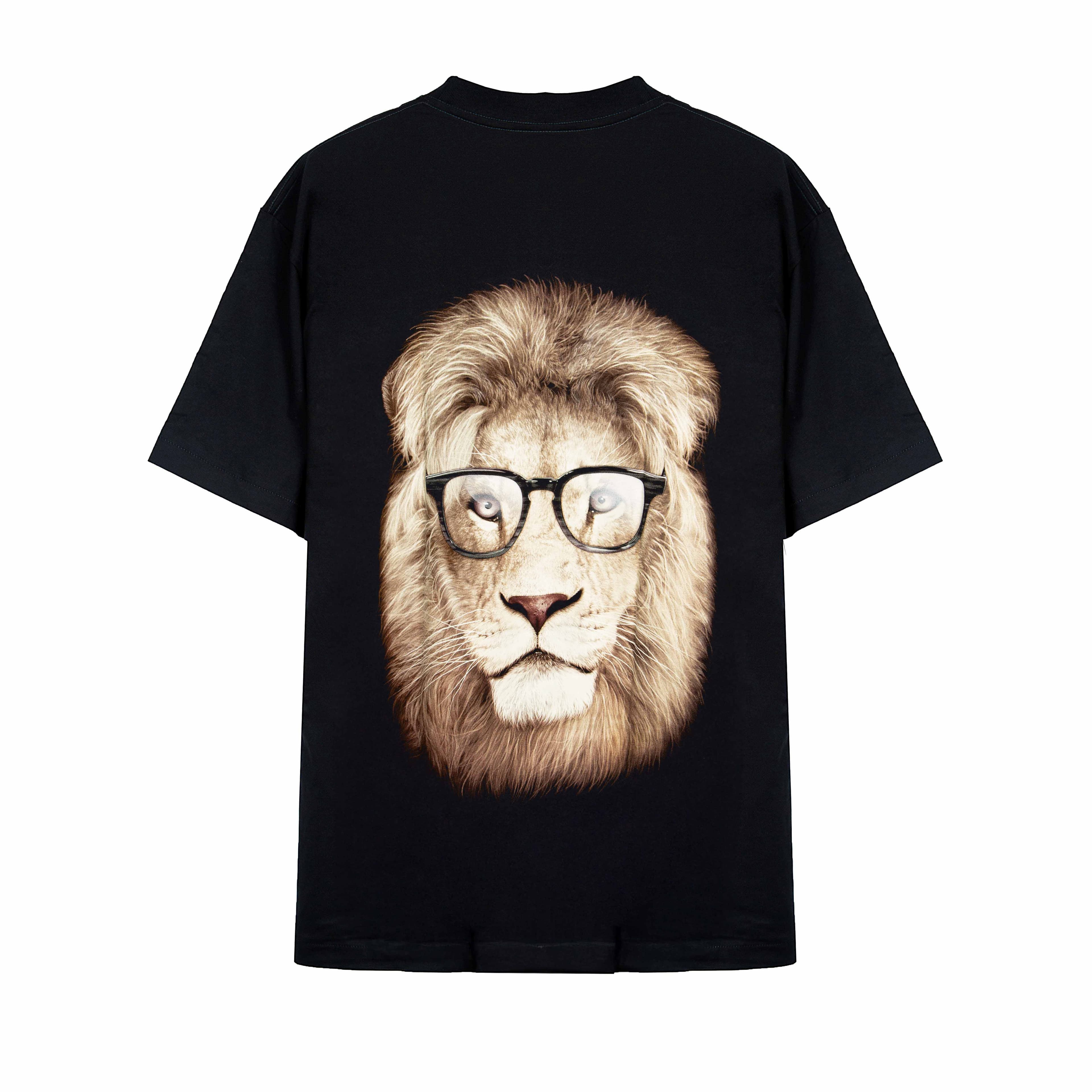 Rock Eagle black unisex t-shirt with a realistic graphic of a lion's head wearing black-framed glasses, giving it a hipster look.
