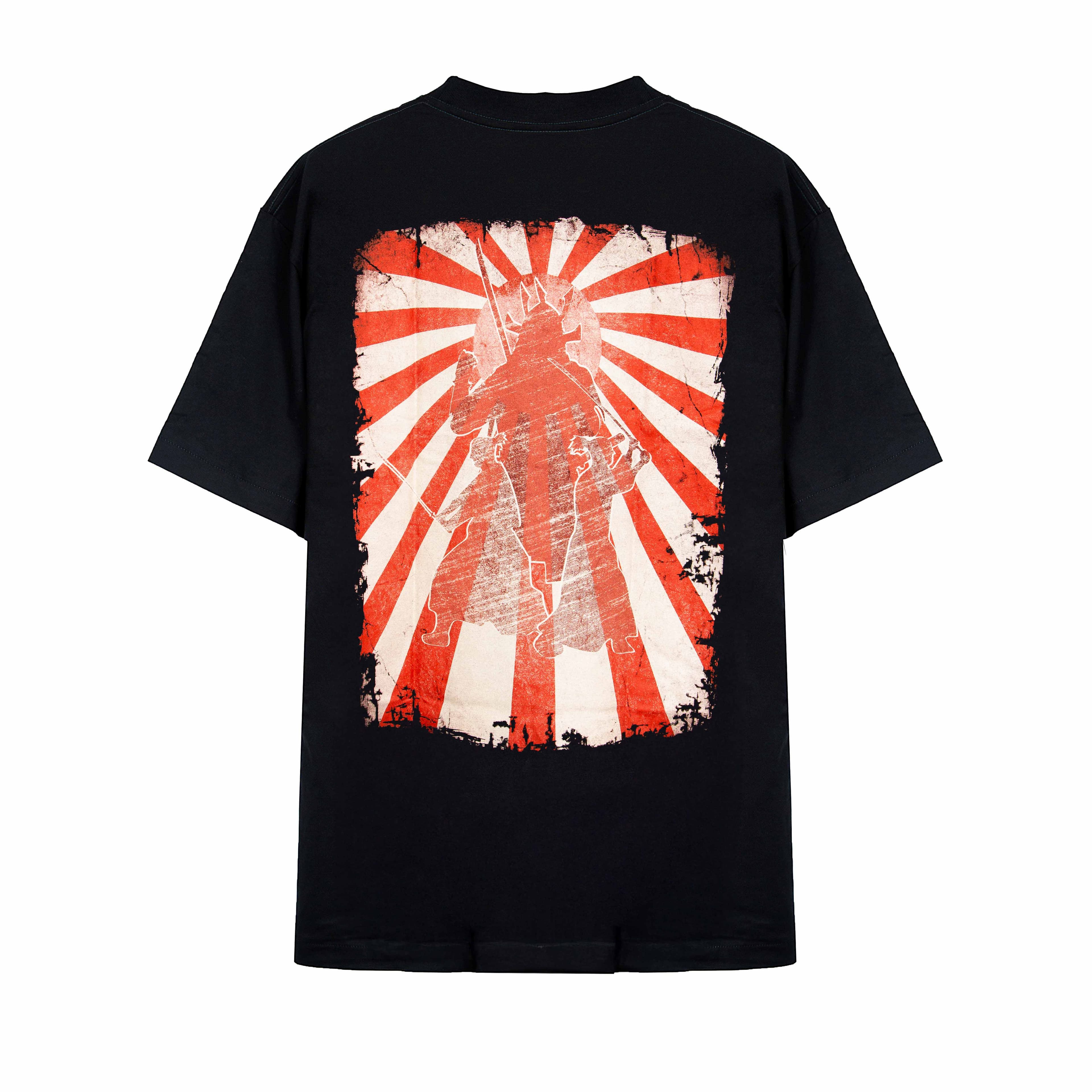 Rock Eagle black unisex t-shirt with a distressed graphic of a skull wearing a Rising Sun-patterned helmet or headband against a red and white rising sun background.