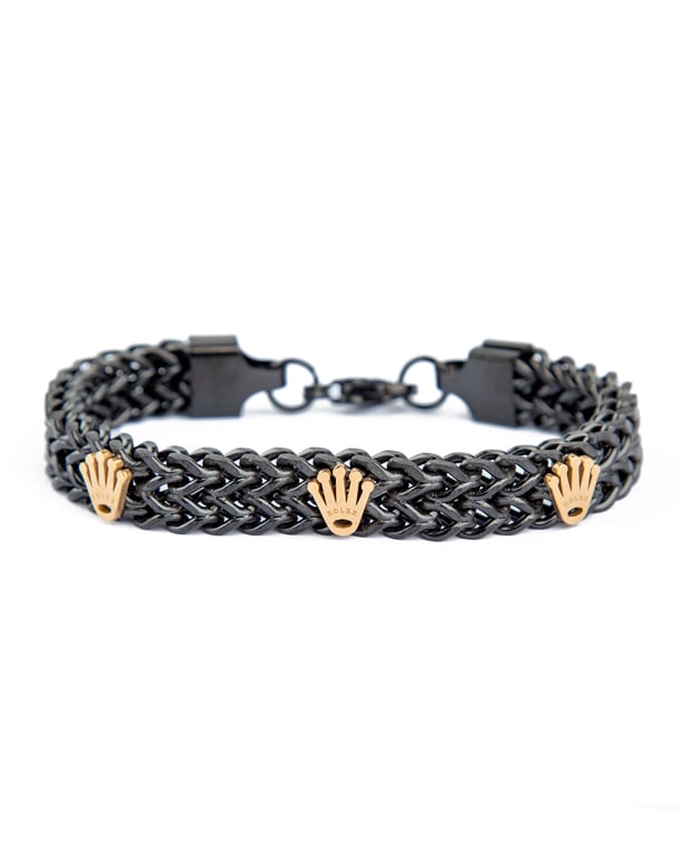 Crown Woven Link Bracelet, Black Metal, Gold Crown Emblems, Men's Accessory