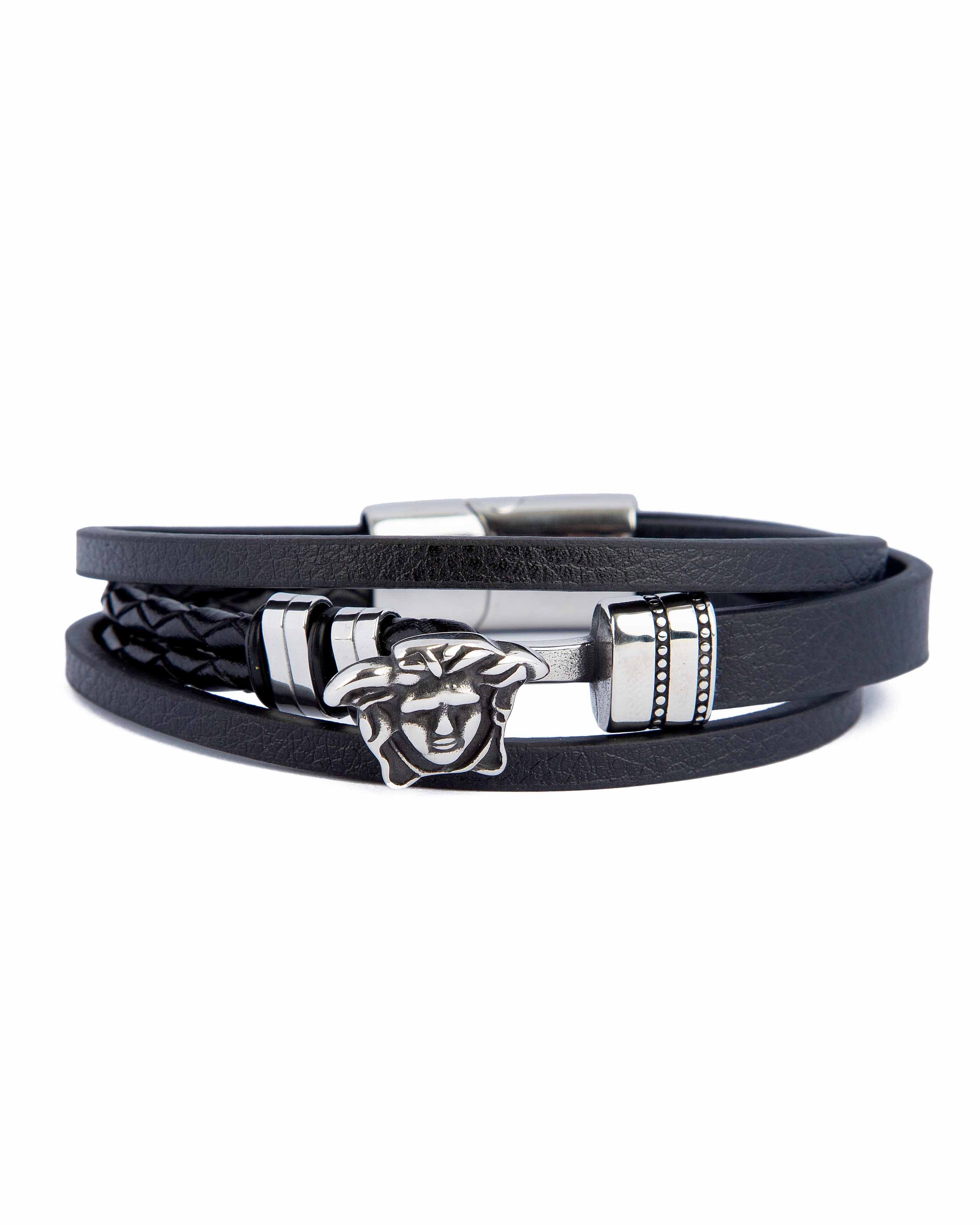VM Black Leather Bracelet, 10659- Black & Silver Toned
