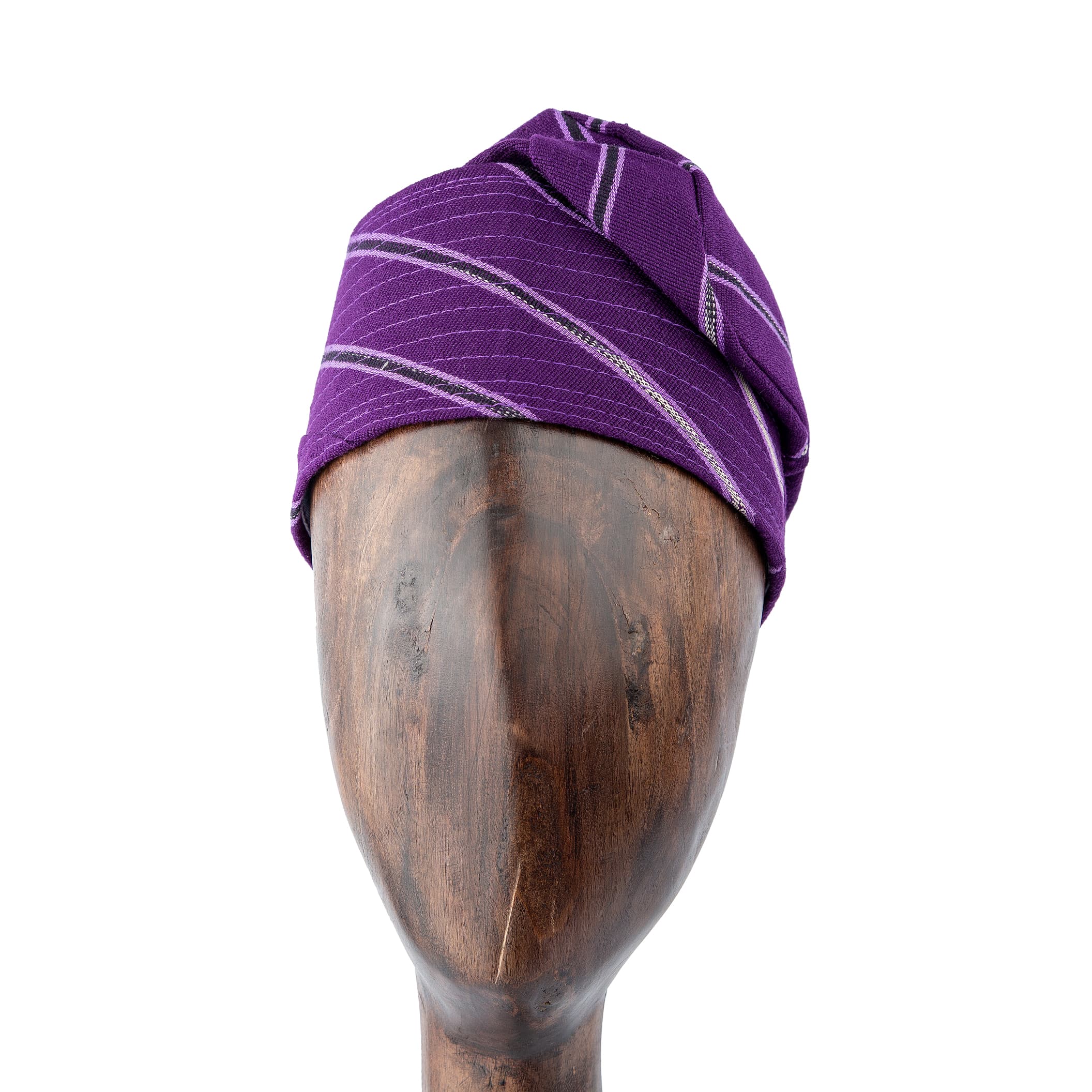 Purple-striped Aso Oke cap, traditional handwoven unisex headwear for weddings, ceremonies, and cultural events, blending bold style with comfort.