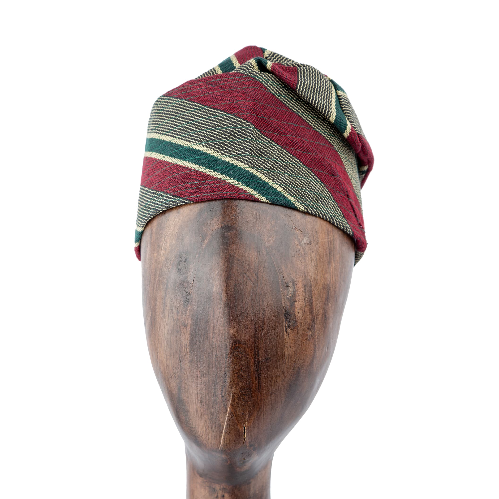 Handwoven Aso Oke cap in burgundy, green, and gold stripes, unisex design for traditional wear and cultural celebrations.