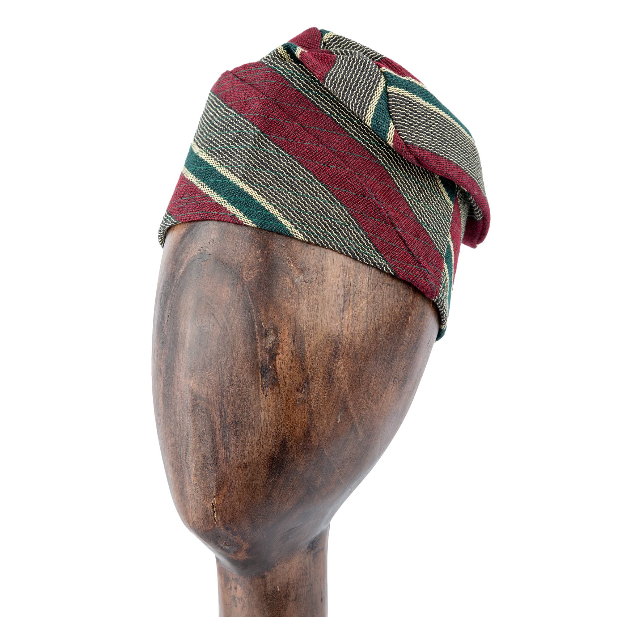 Handwoven Aso Oke cap in burgundy, green, and gold stripes, unisex design for traditional wear and cultural celebrations.