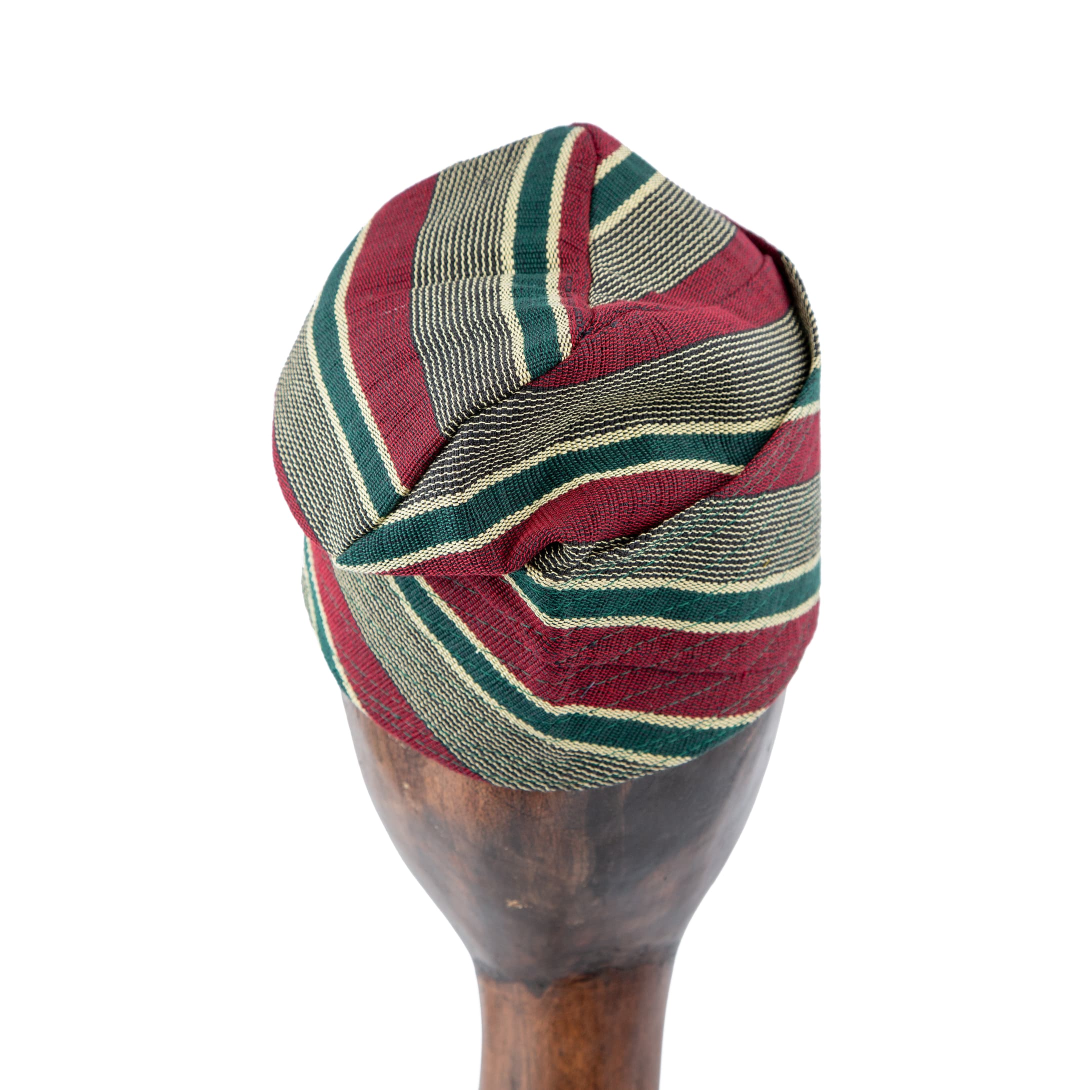 Handwoven Aso Oke cap in burgundy, green, and gold stripes, unisex design for traditional wear and cultural celebrations.