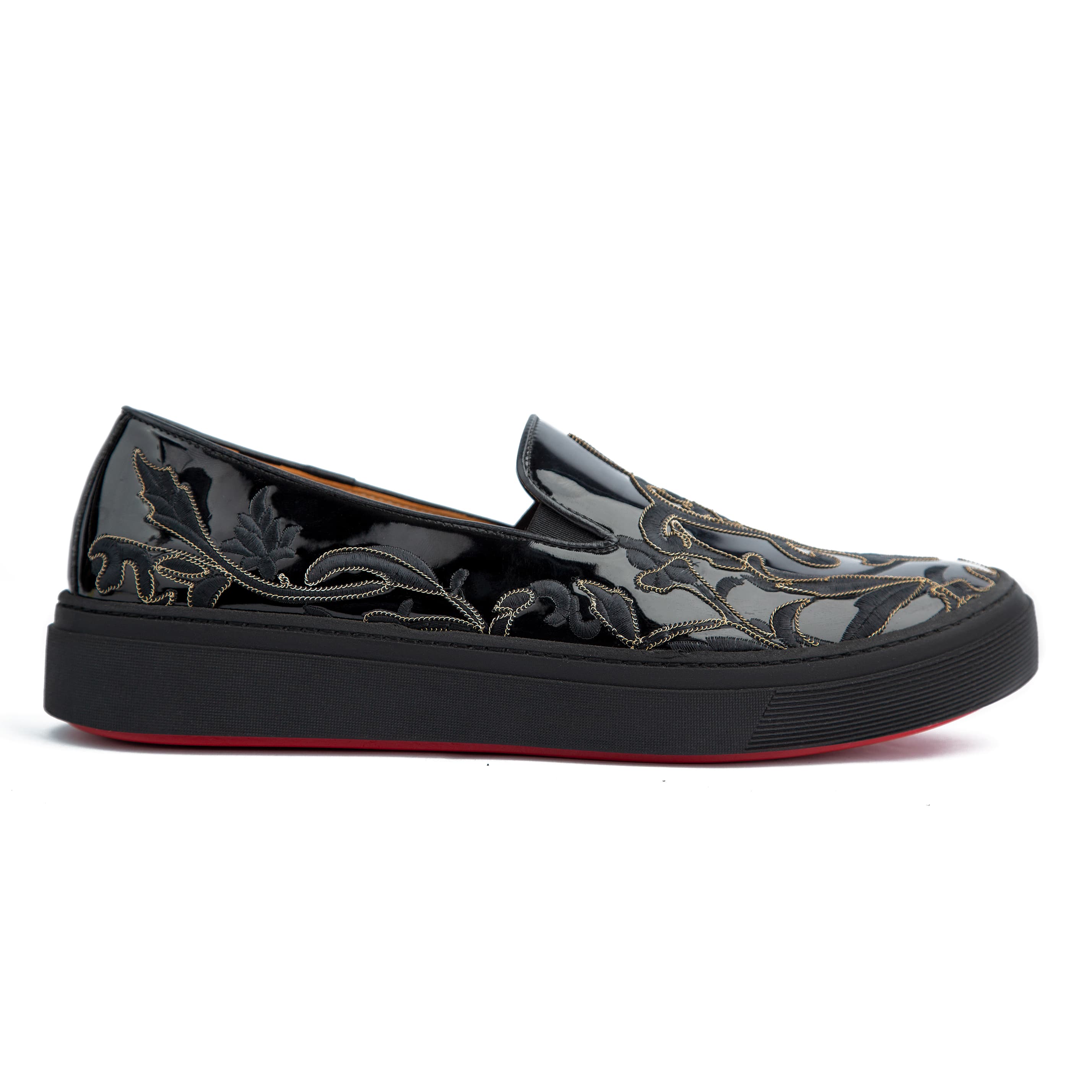 Glossy black men's slip-on loafers with gold embroidery - Stylish and comfortable formal footwear.