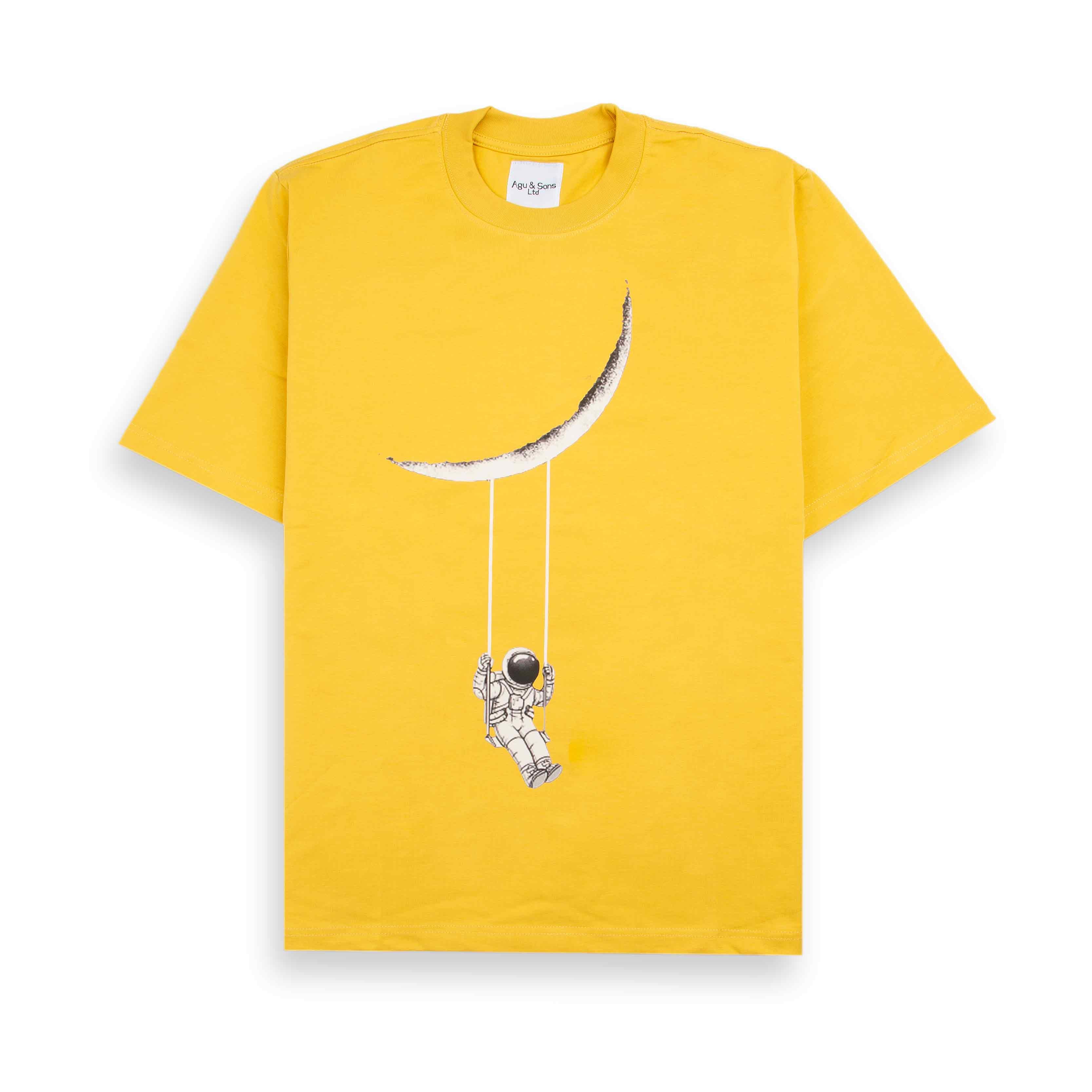 Agu & Sons yellow t-shirt an astronaut swinging from a moon