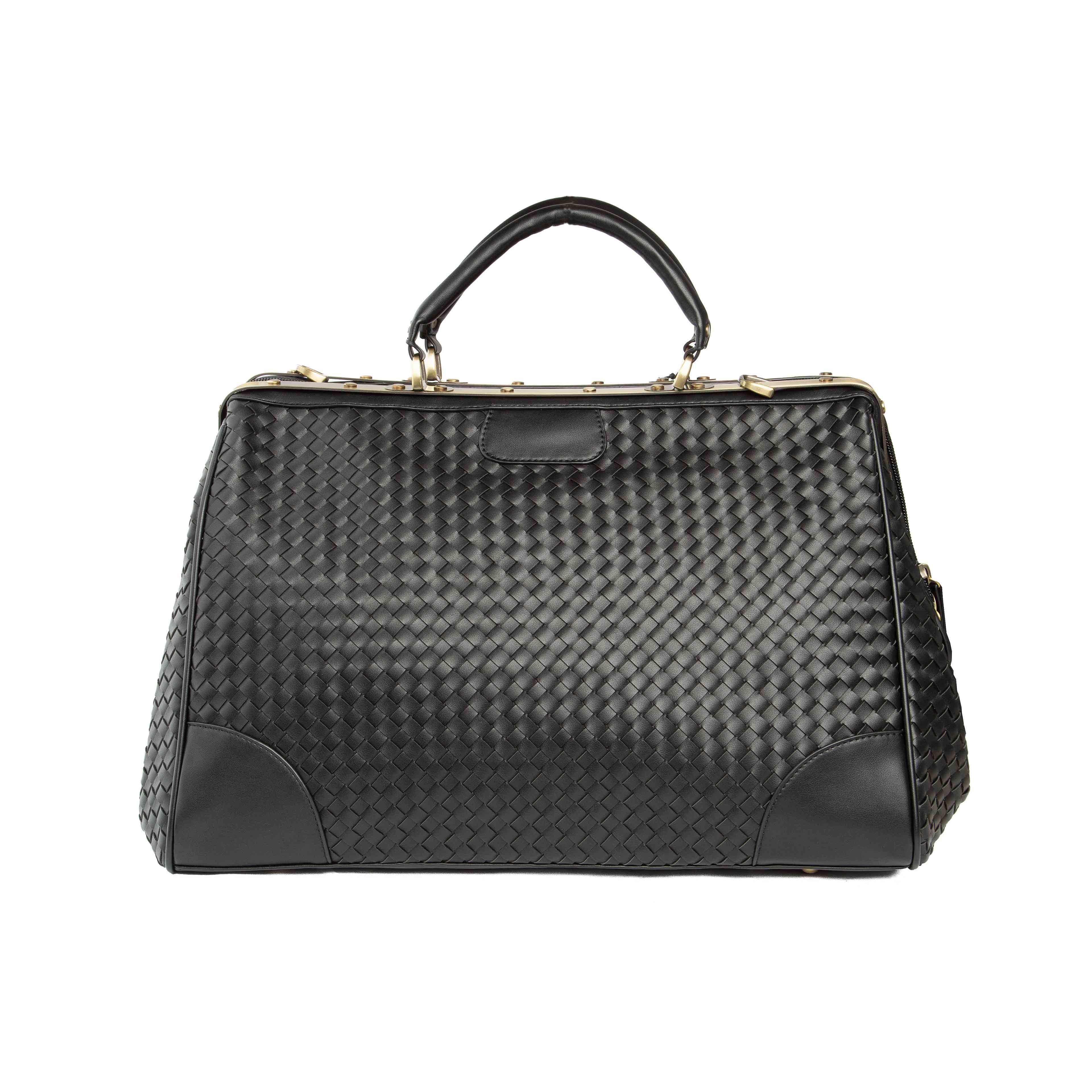Black Woven Leather Frame Travel Bag, 11378- Black